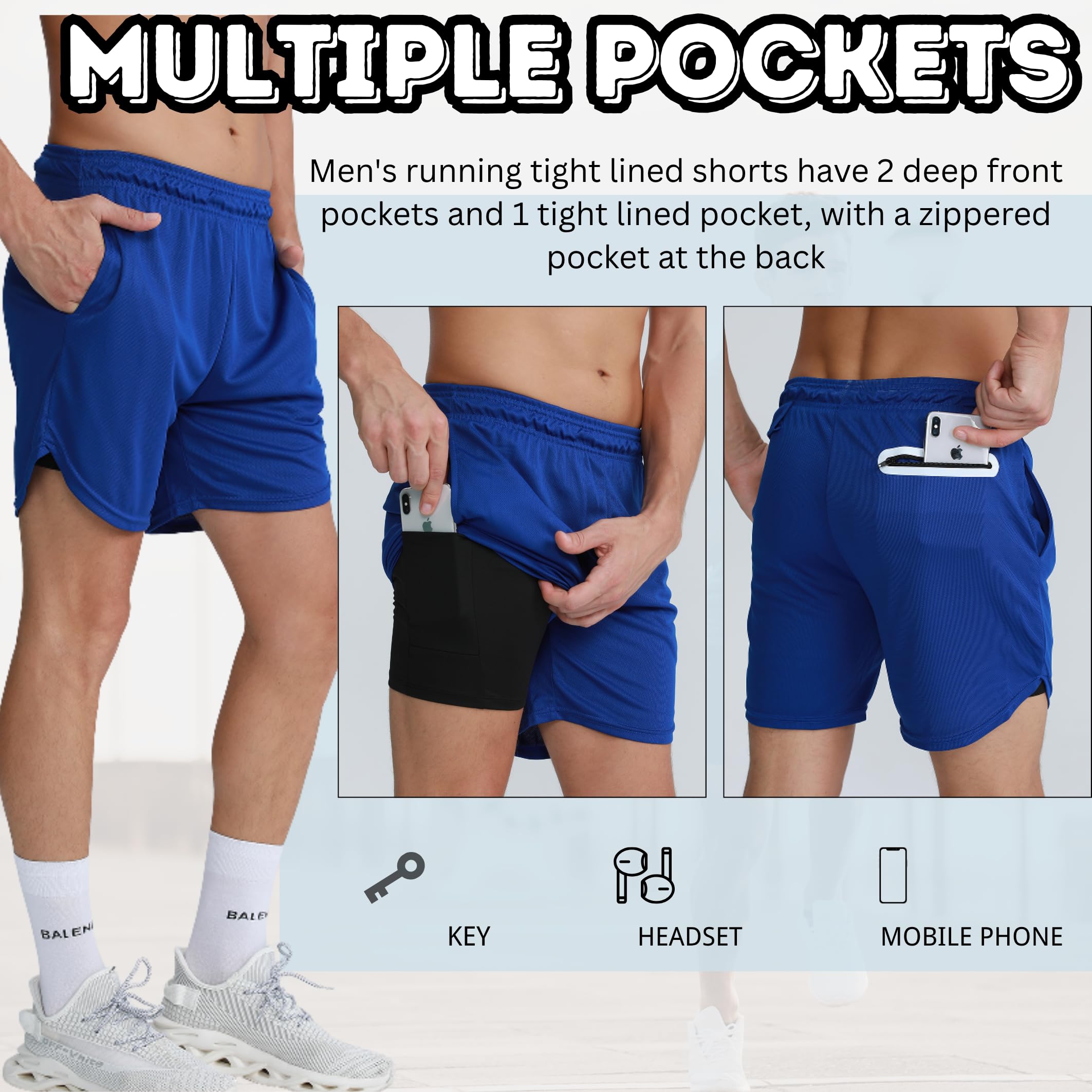 Confezione da 3 pantaloncini sportivi da uomo 2 in 1, ad asciugatura rapida, per palestra, corsa, allenamento, attività sportiva, da uomo, con tasche
