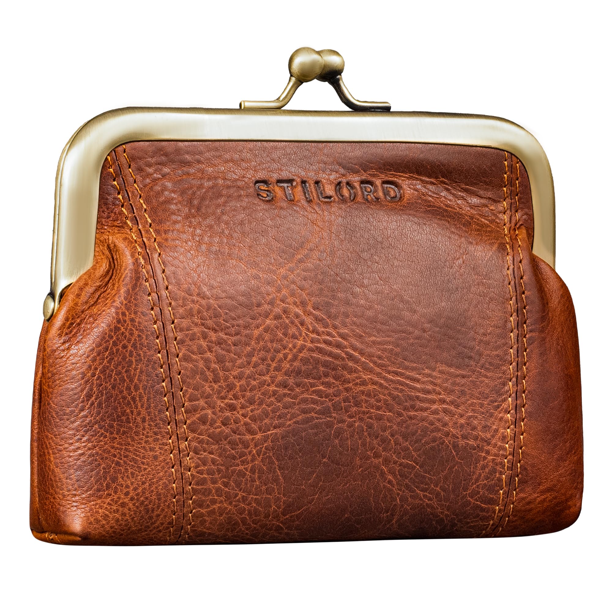 STILORD Goldie Petit Porte Monnaie Femme Cuir véritable Vintage Portefeuille Fermoir Clic Clac Retro Portefeuille pour Femme Cuir Porte-Monnaie à Clip Couleur:Kara - Cognac