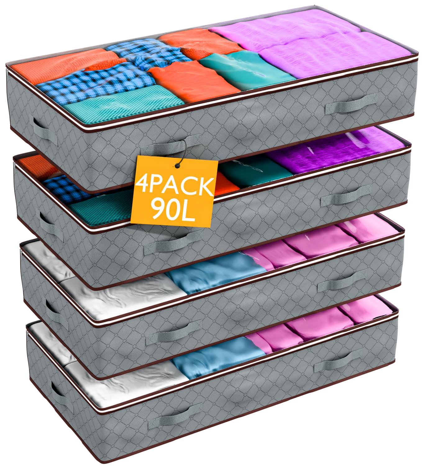 4 Pack 90L Underbed Storage Boxes with Lids | Foldable Clothes Storage Bags with Zips & Handles | Large Bags for Bedding, Blankets, Duvets & Comforters | Grey Fabric Organizer for Home