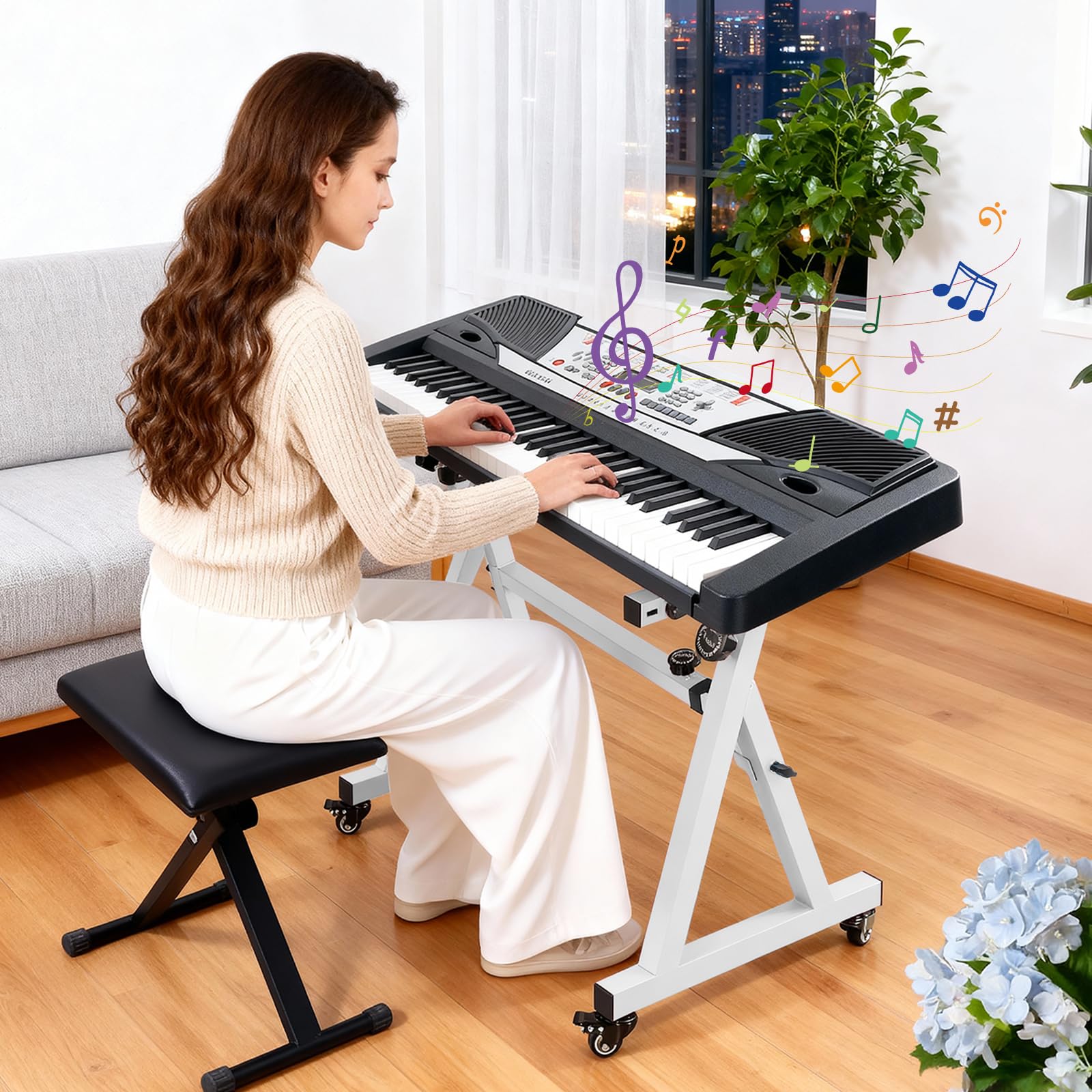 Soporte de teclado Piano Ajustable en Altura 55 a 87 cm, Soporte de Piano en Z con 4 ruedas giratorias, adecuado para Pianos de 54 a 88 Teclas, Capacidad de carga 160 KG (blanco)