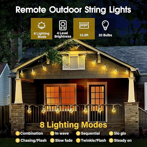 Miniatura 4 de Tira de luces para exteriores, luces de patio de 32.8 pies con 20 bombillas inastillables, cuerda de cáñamo vintage, 8 modos de enchufe y control