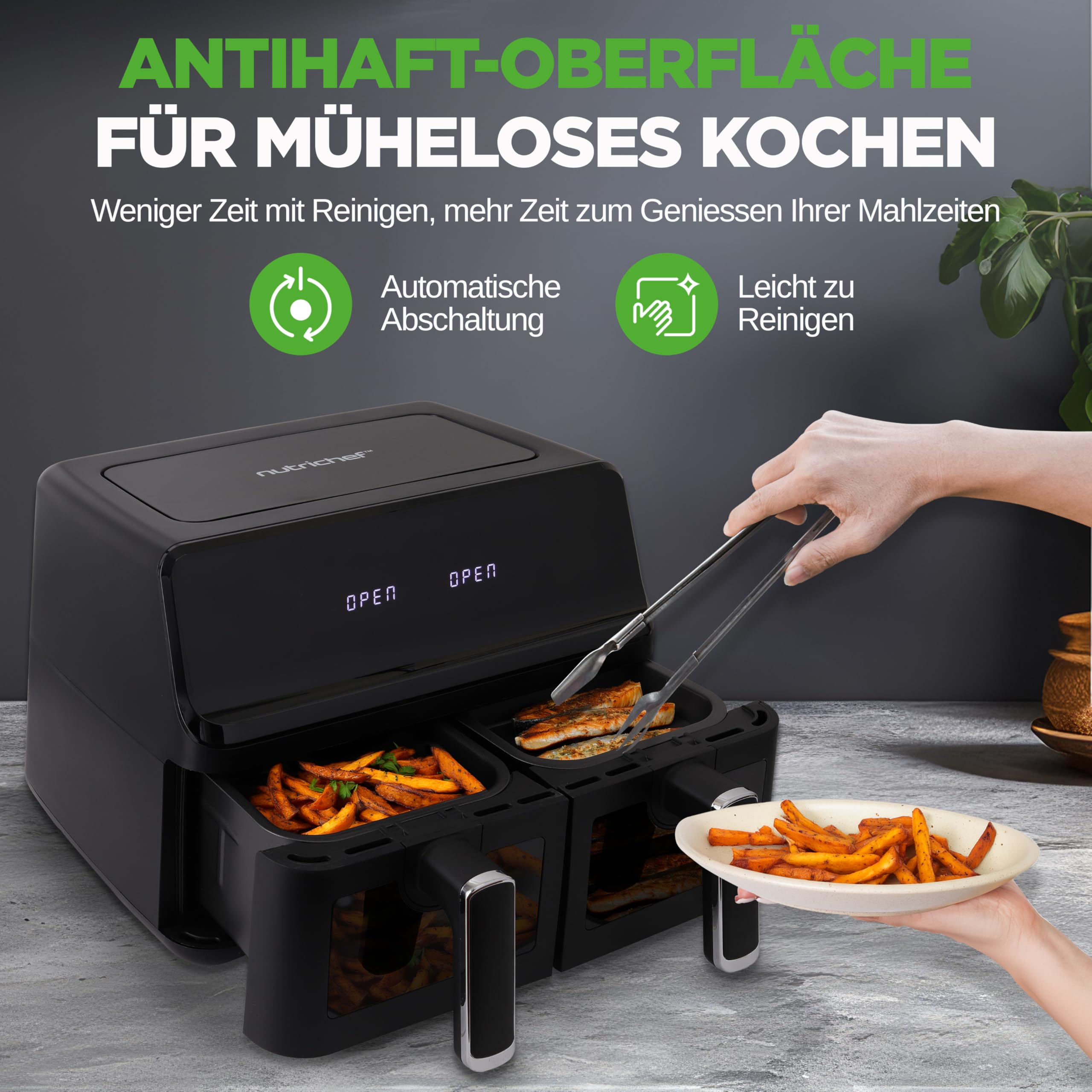 Nutrichef Heißluftfritteuse XL Doppelkammer Airfryer ohne Öl – 2 Körbe – Bild 4