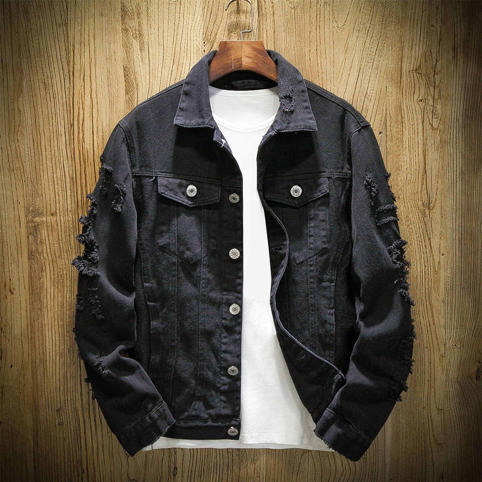 Generisch Giacca di jeans da uomo, 3 pezzi, slim fit, comoda giacca da mezza stagione con tasca sul petto e button down in denim, tinta unita, casual, traspirante, leggera, per tutti i giorni