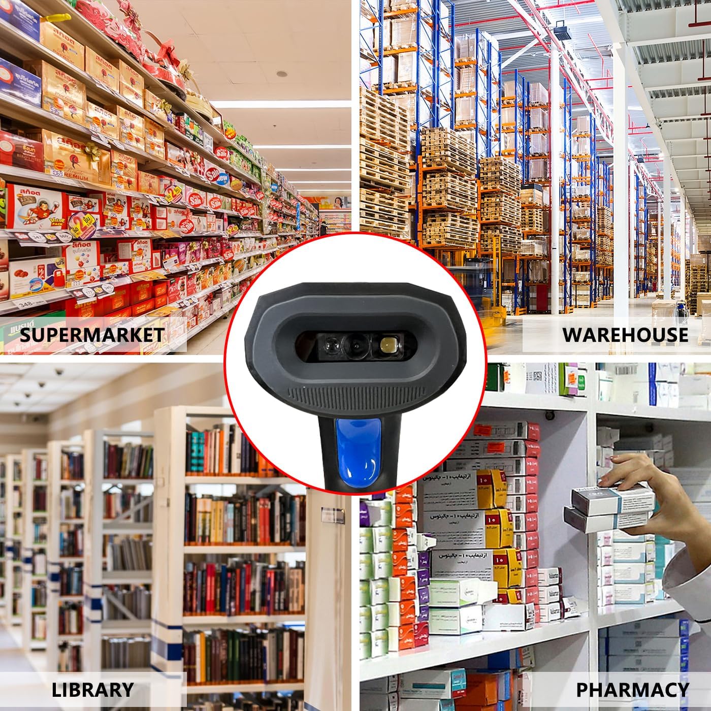 Image showing the LENVII barcode scanner being used in various environments: a supermarket, a warehouse, a library, and a pharmacy.