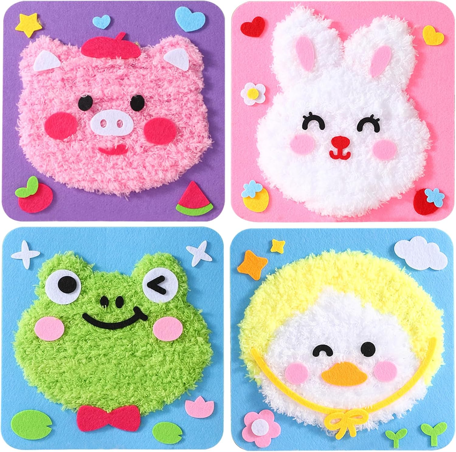 Vanttokeey DIY Embroidery Doll Set, 4pcs Cute Cartoon Animal Sewing Craft Kit Sewing Projects Yarn Board (Duckling + Piglet + Frog + Rabbit)