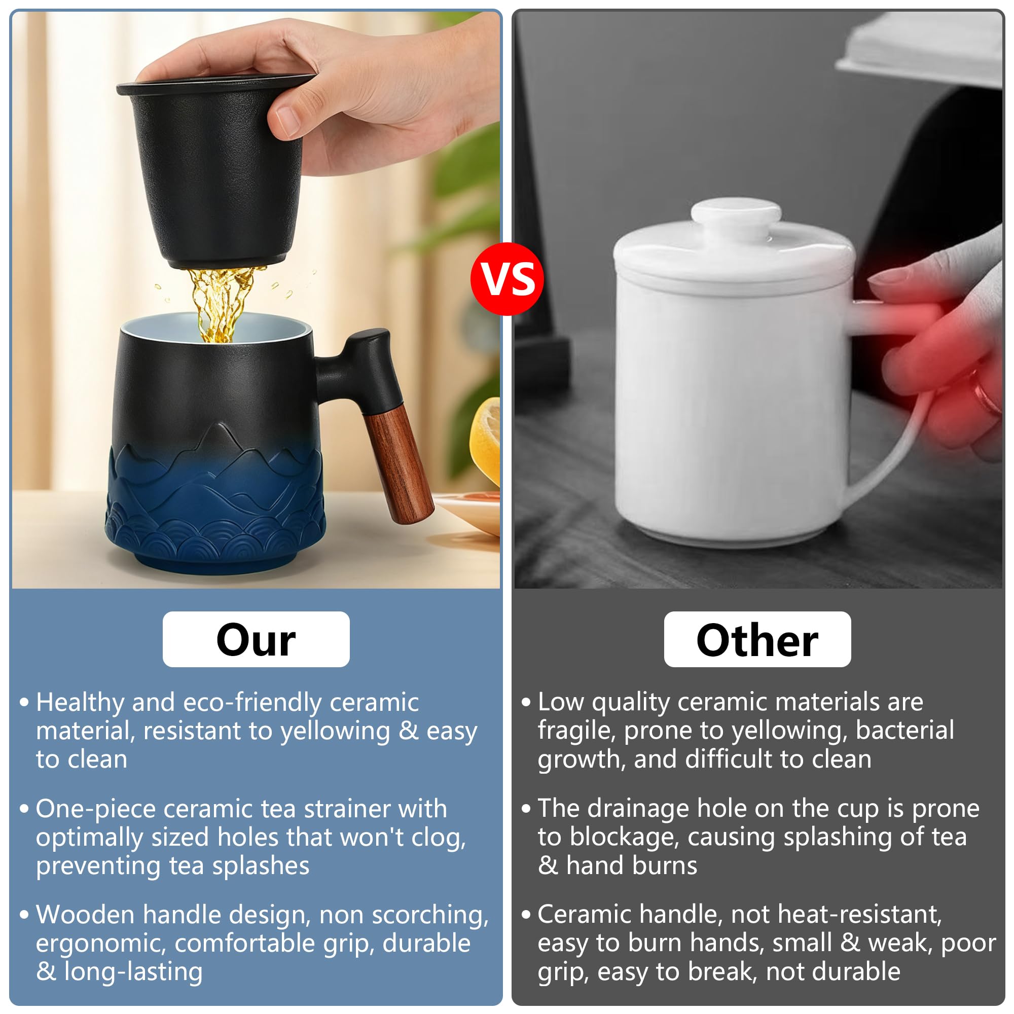 Taza de te con Filtro y Tapa Ceramica, Tazas Grande para Infusiones con Asa de Madera para Regalo (Azul)
