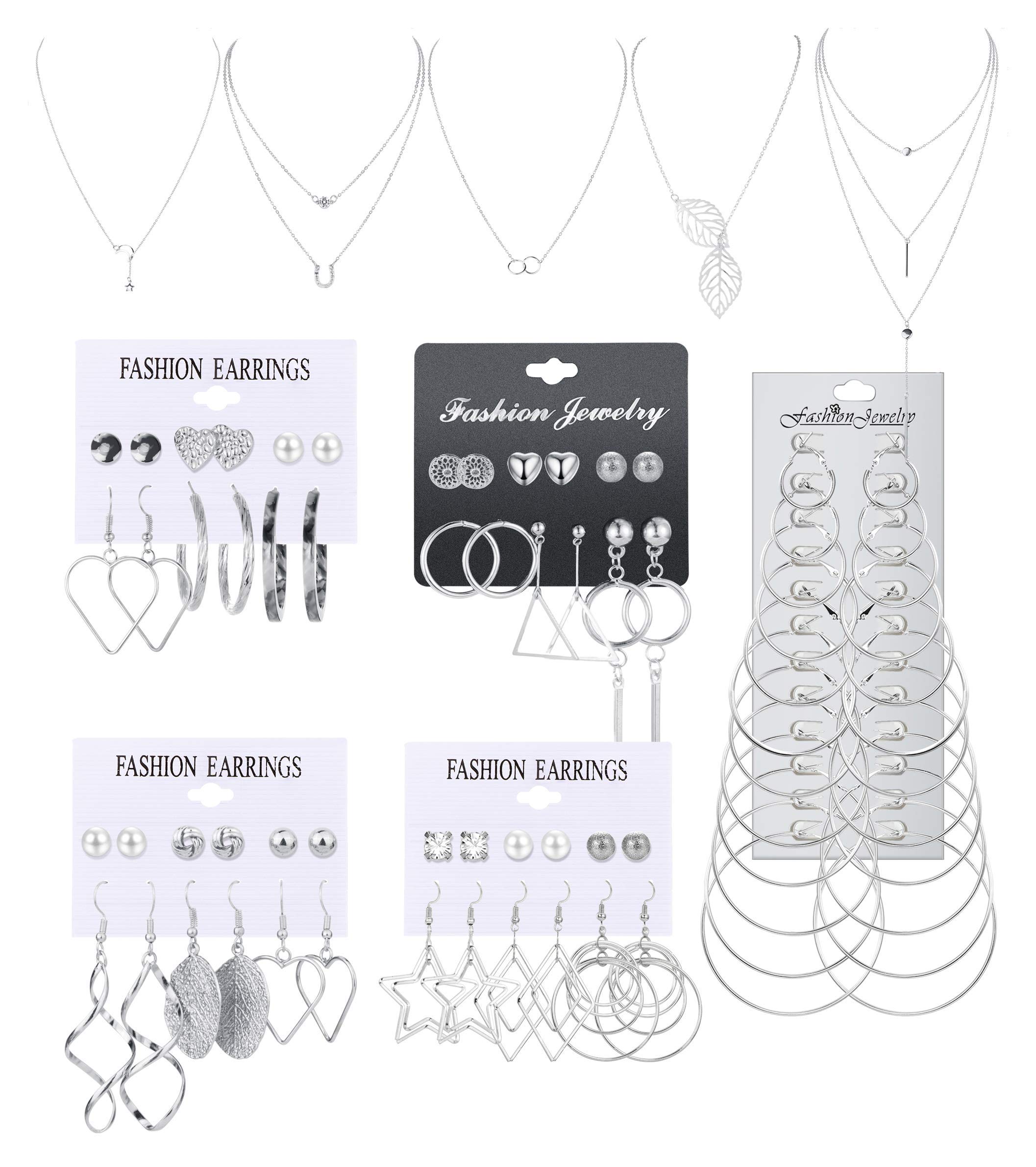 LOLIASNecklace and Earring Gold Jewelry Set for Women with Necklace Bracelet Knuckle Rings Layered Ball Dangle Hoop Stud Earrings for Women Girls Jewelry Fashion Valentine Gift