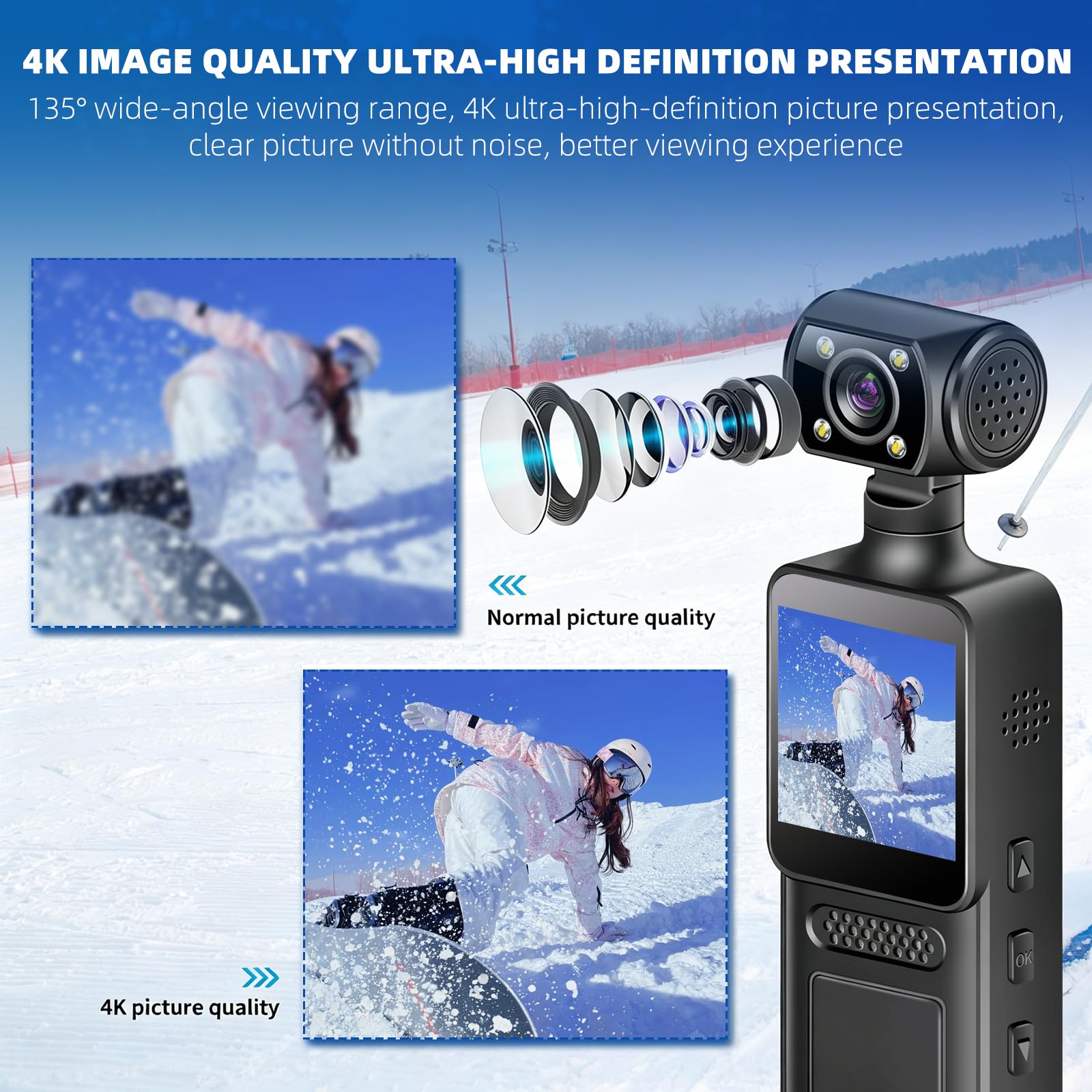 Videocamera vlog 4K 40MP Wi-Fi per viaggi all'aperto | grandangolo ultra 135°, touch screen da 1,33", clip stabile per riprese a mani libere, supporta schede di memoria fino a 256