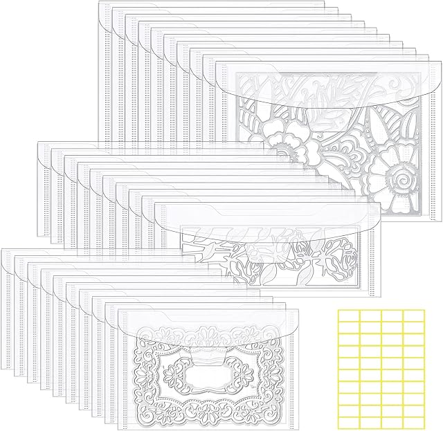 KELIFANG 30 Pieces Clear Stamp and Die Storage Bag 3 Sizes, Scrapbooking Storage Die Cuts Pockets for DIY Cutting Dies Stencil Embossing Crafts, Resealable Plastic Envelopes(9.4"x7", 7"x5", 9.4"x3.9")