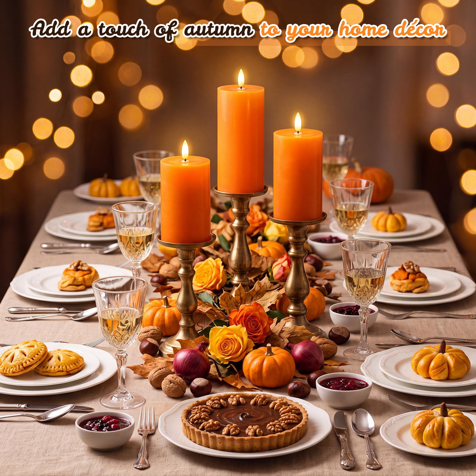 Retisee Set di 3 candele senza fiamma arancioni a LED in vera cera, con telecomando e timer, funzionamento a batteria, candele finte per il giorno del Ringraziamento, decorazione per la casa autunnale