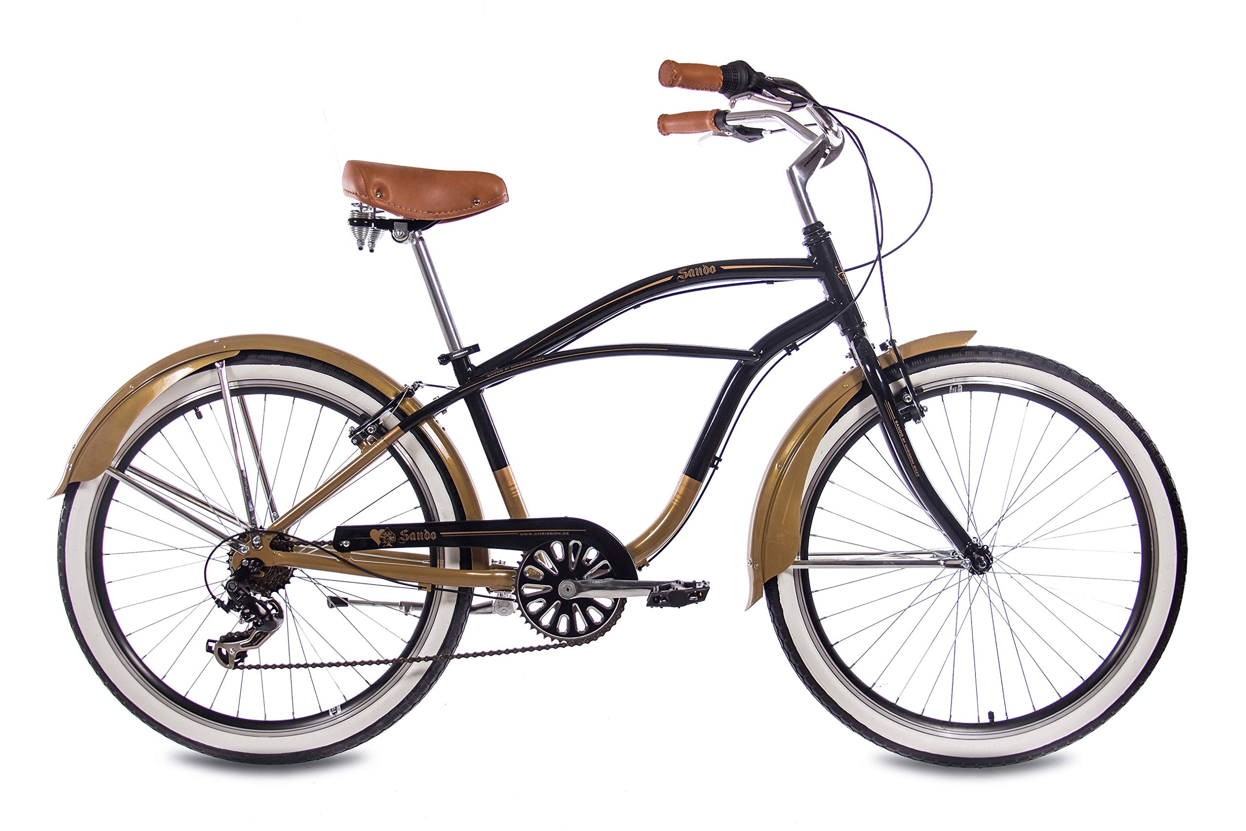 CHRISSON 26 Zoll Beachcruiser Sando schwarz Gold mit 6 Gang Shimano Tourney Kettenschaltung, Damenfahrrad, Herrenfahrrad im Retro Look, Vintage Cruiser Bike