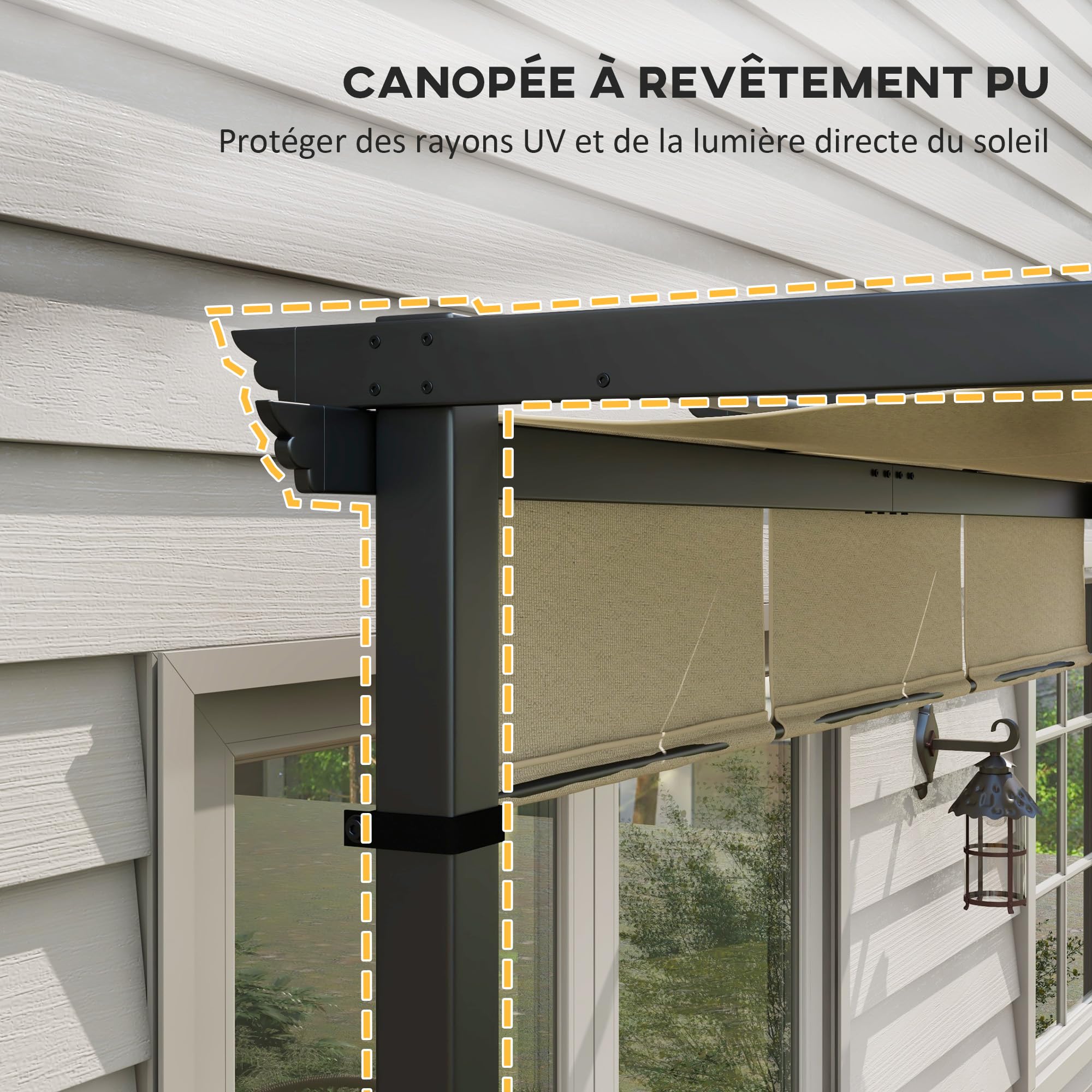 Outsunny Pergola avec 3 Toiles Coulissantes 3 x 3 x 2,38 m, Structure Acier Noir, Toile Polyester Haute Densité Beige