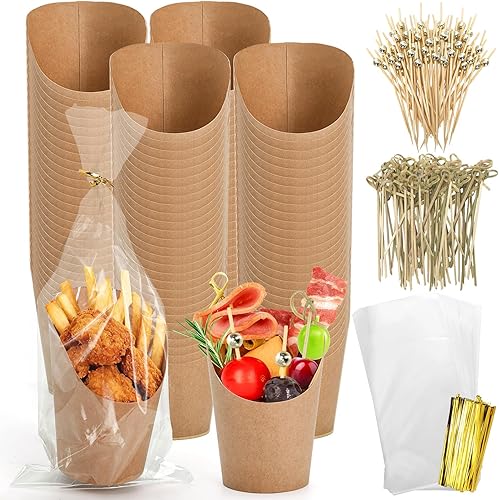 Miniatura 8 de Lawei Paquete de 100 vasos de papel kraft para papas fritas de 14 onzas, desechables, soporte para papas fritas para llevar, para fiestas,