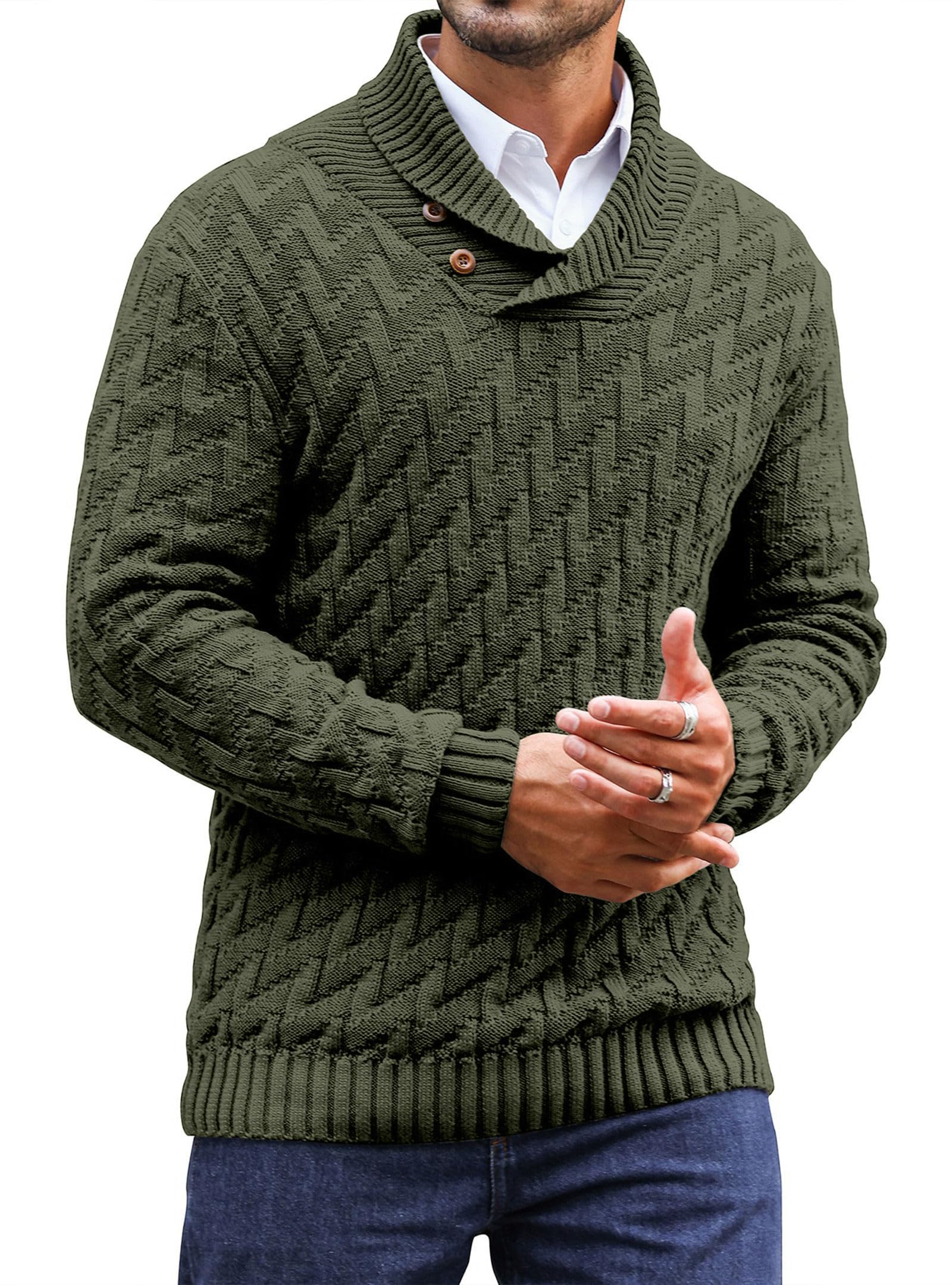 Zaitun Jersey de punto para hombre, cuello alto, con botones, cálido, manga larga, suéter de invierno