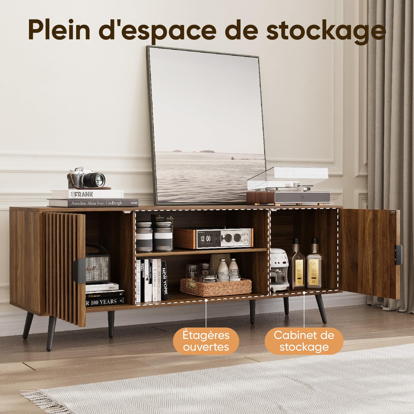 Smart FENDEE Meuble TV 135 cm pour écrans jusqu'à 152 cm (60 Pouces), Meuble Bas avec rangements et étagères réglables, Console médiatique Style Fermier/Campagne, Couleur Noyer pour Salon