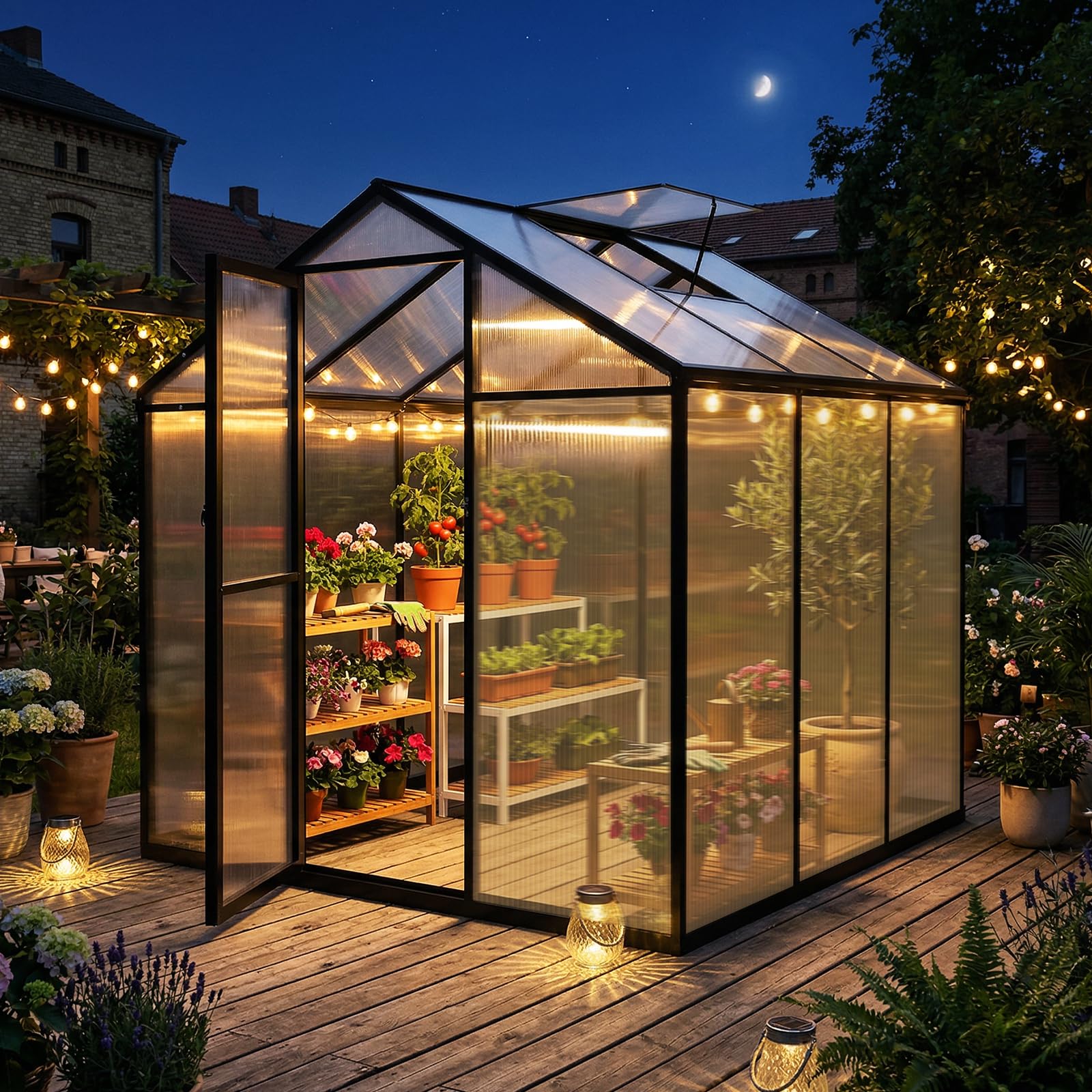 Sekey Gewächshaus Aluminium Treibhaus für Garten & Pflanzen - Stabiles Tomatenhaus wetterfest & Winterfest, 4 mm Hohlkammerplatten, nach außen öffnende Tür mit verlängertem Griff, 185x185x195cm