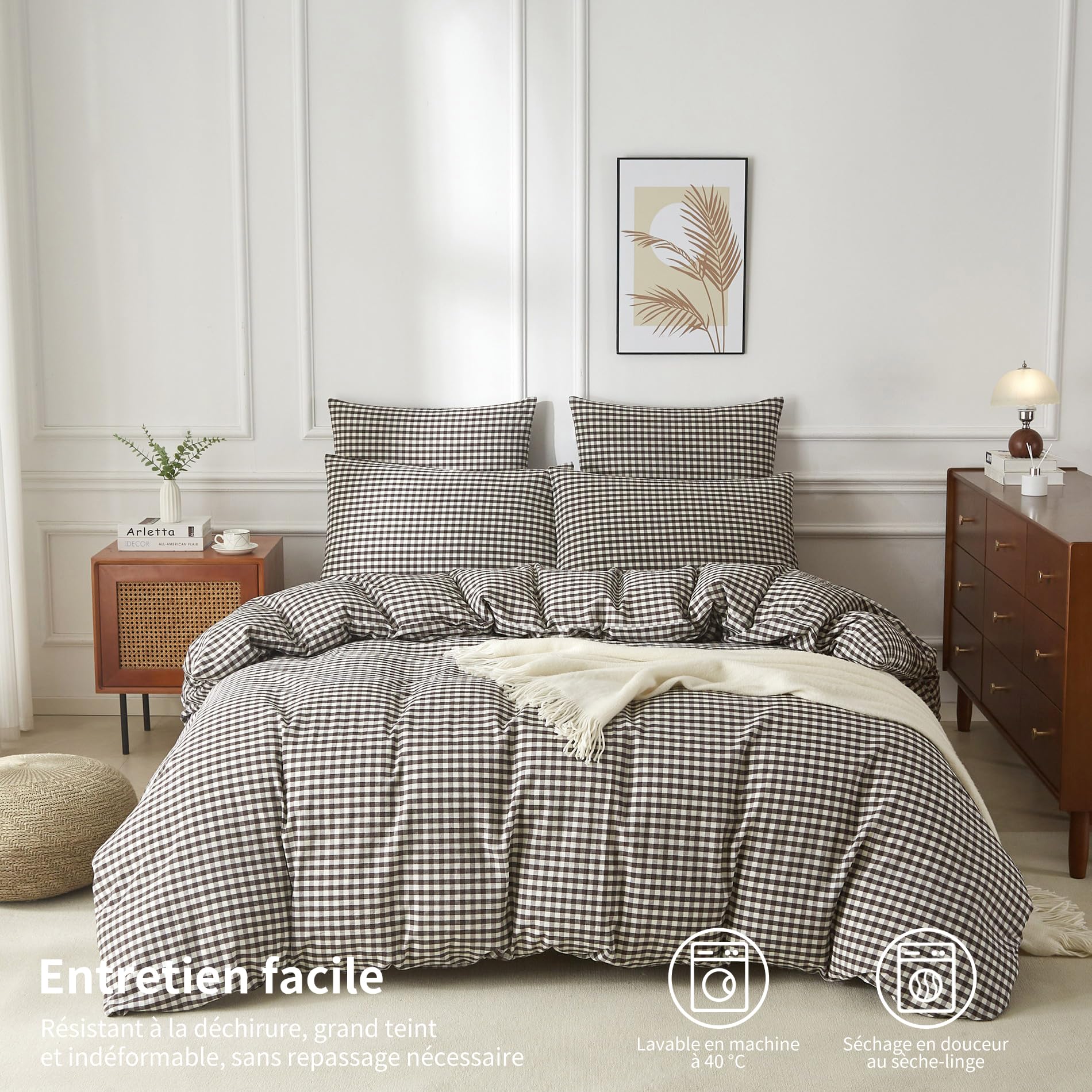 Copripiumino 220 x 240 cm, in cotone lavato, grigio, bianco, a quadretti, 220 x 240 cm, per adulti, in cotone, morbido, traspirante, biancheria da letto matrimoniale, con cerniera e 2 federe