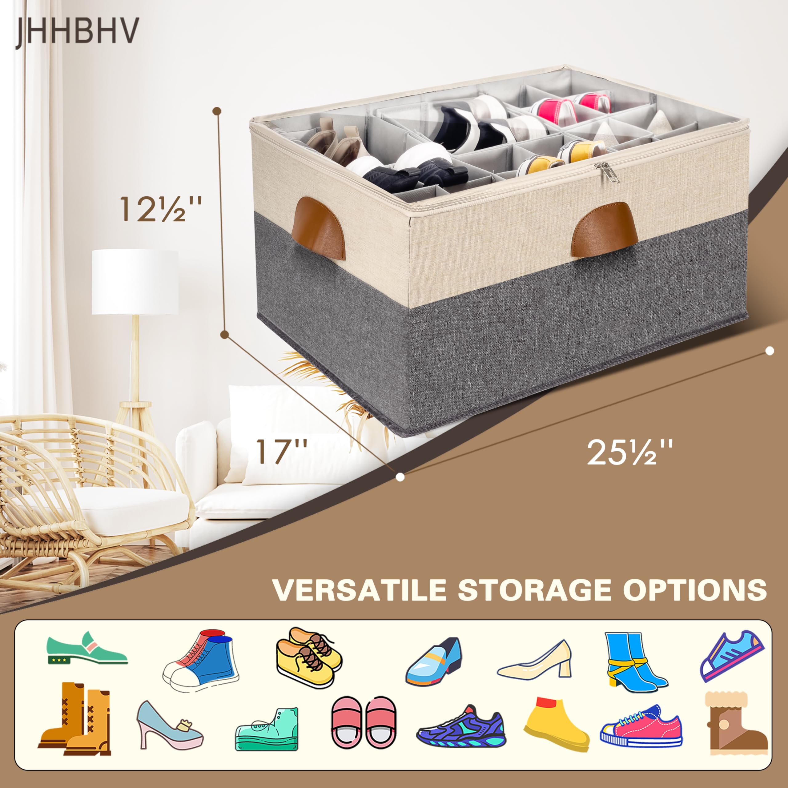 Confezione da 2 organizer per scarpe per armadio, contenitori regolabili per scarpe, grandi contenitori pieghevoli con copertura trasparente, portascarpe salvaspazio con 4 manici, adatti per 12