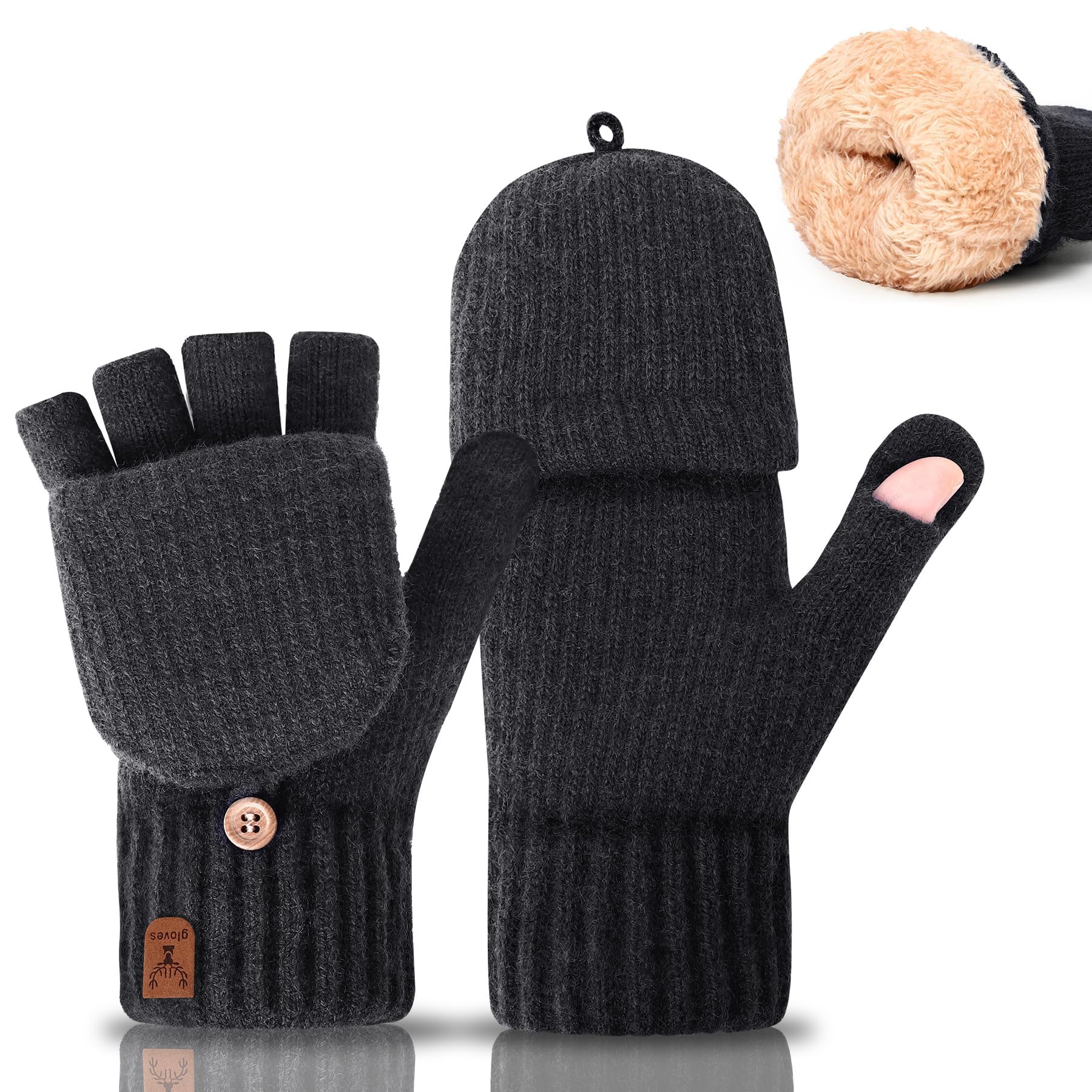 Gucass Fingerlose Handschuhe mit Kappe, Winter Flip Handschuhe für Damen Herren, Warm Strick Halbfingerhandschuhe mit Alpakawolle, Touchscreen Winterhandschuhe für Laufen Radfahren Fahren, Grau Fashion