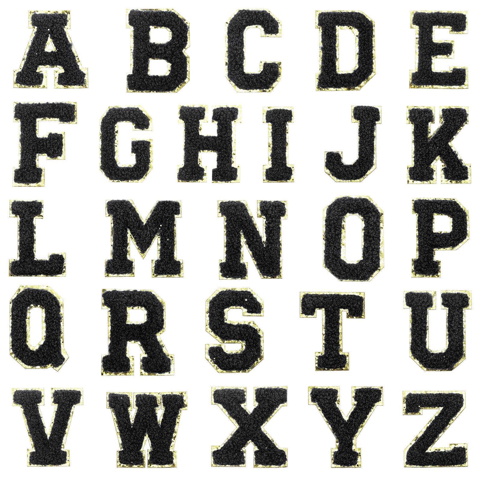 Alphabet A-Z auto-adhésifs brodés lettres chenille noires QUARKZMAN