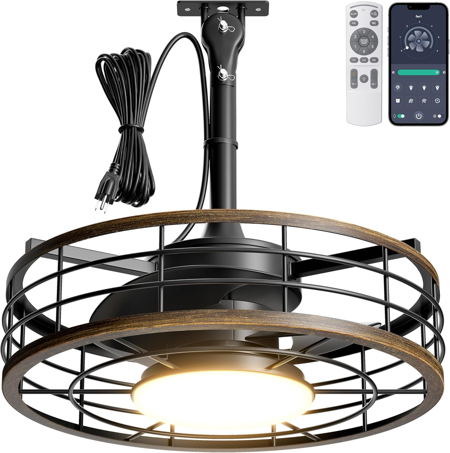 Outdoor Ceiling Fan with Lights - 16'' Wet Rated Gazebo Fan Remote/APP Control, Caged Hanging Fan Plug and Play for Covered Patio Porch, Wood Color
