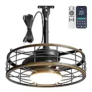 Outdoor Ceiling Fan with Lights - 16'' Wet Rated Gazebo Fan Remote/APP Control, Caged Hanging Fan Plug and Play for Covered Patio Porch, Wood Color