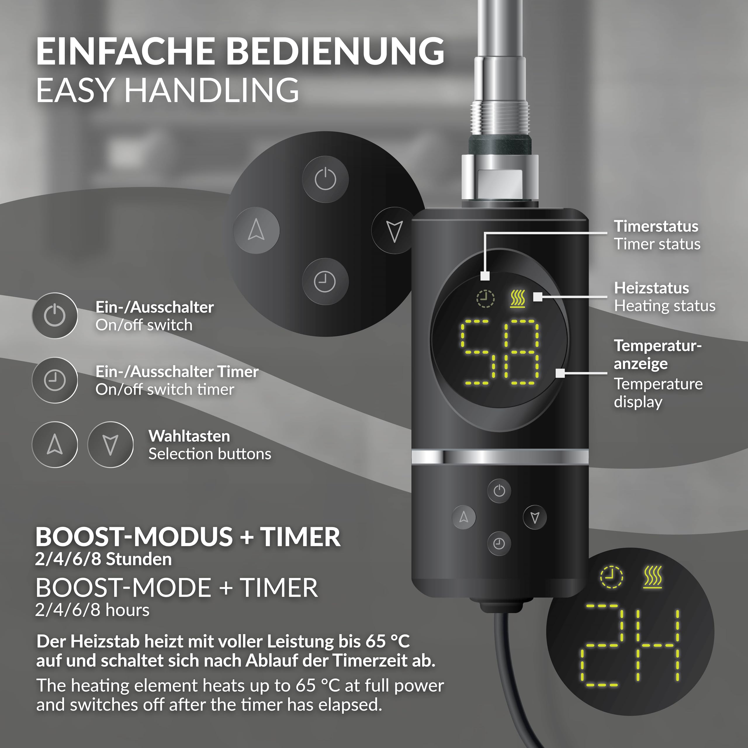 LuxeBath Elemento Calefactor Eléctrico 600W de Acero Inoxiable Negro para Radiadores, con Termostato y Pantalla Digital, Regulador Electrónico y Modo Temporizador, Calentador de Inmersión con Enchufe
