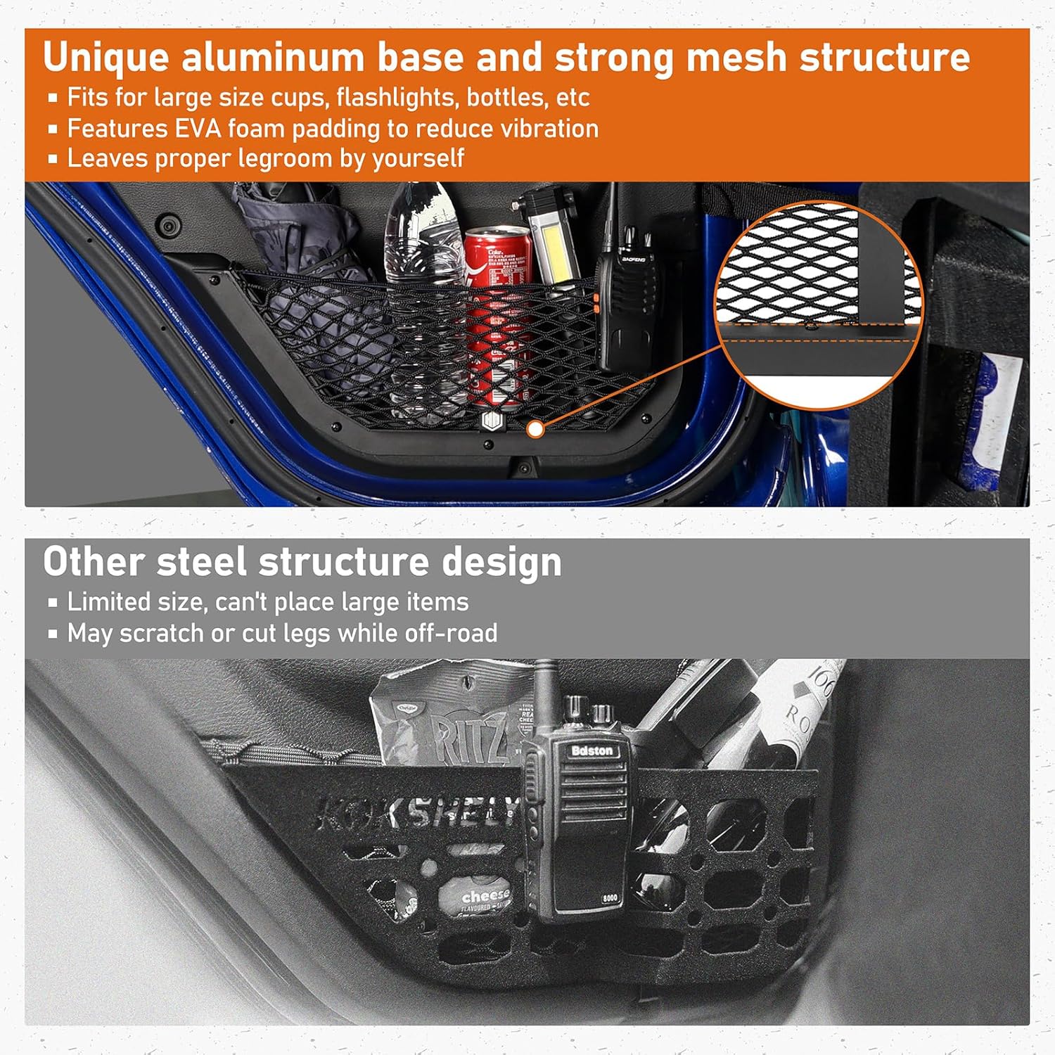 Hooke Road Rear Door Pocket Storage Mesh Cargo Net for 2018-2026 Jeep Wrangler JL Unlimited 4-Door & 2020-2026 Jeep Gladiator JT, 2PCS Door Side Insert Organizer Aluminum Base and Mesh Set