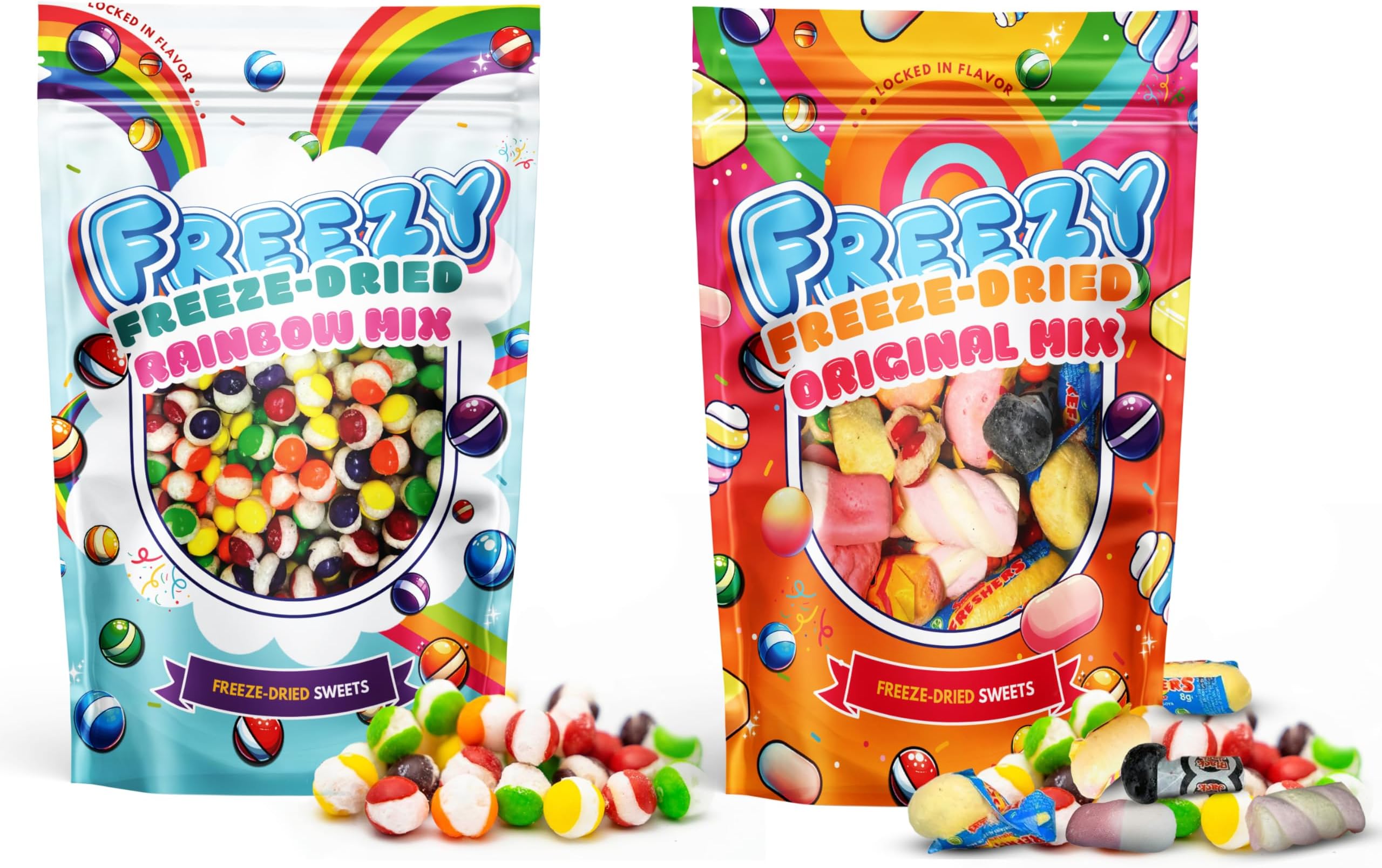Freezy Freeze Dried Candy Bundle, Pack of 2 (Rainbow Mix + Original Mix) 240 gms Colourful Rainbow Bites, Sour American Crunchy Sweet, Squishes, Blue Jacks & Marshmallow. Perfect for any Celebration