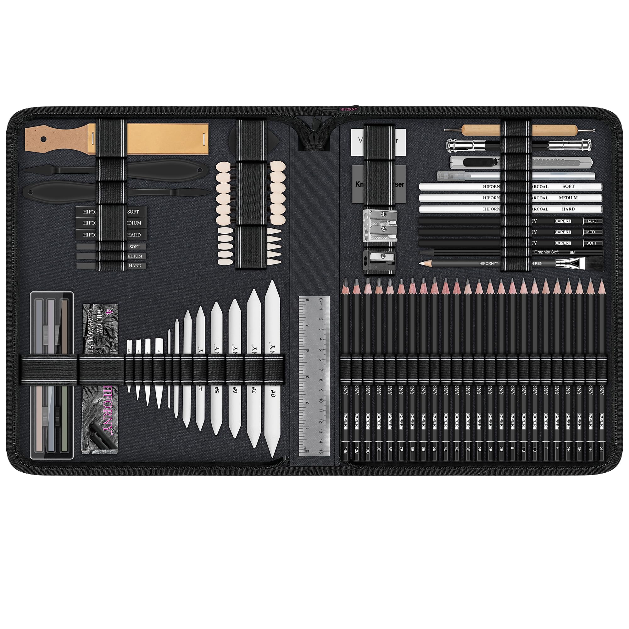 HIFORNY Ensemble de 100 pièces pour dessin et croquis, kit de fournitures artistiques avec crayons, fusain, outils de mélange et accessoires, étui de transport portable avec fermeture éclair pour