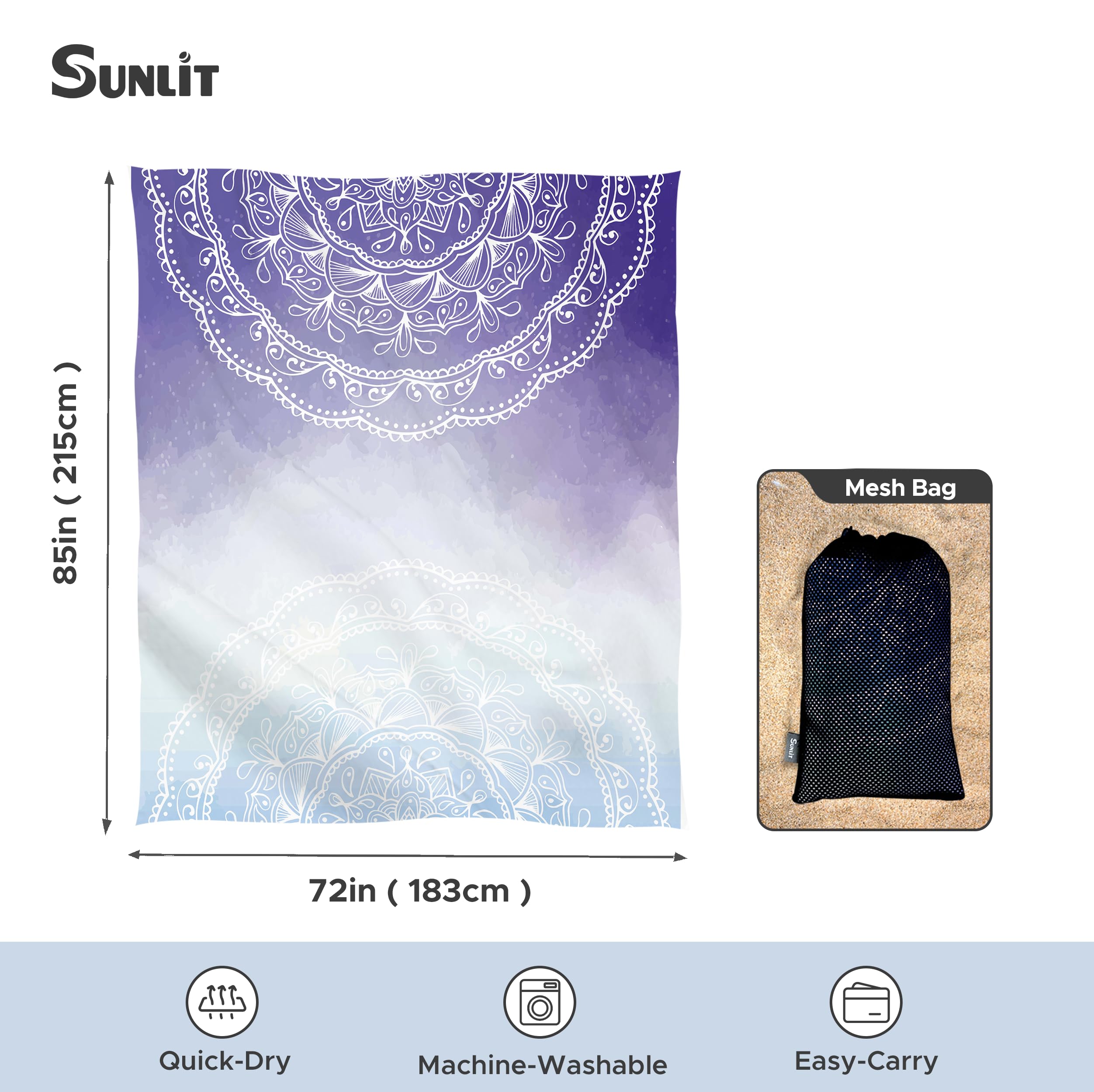 Sunlit Couverture de Plage Douce et Soyeuse de 215,9 x 182,9 cm, Tapis Anti-Sable avec Poches d'angle et Sac en Maille pour fête de Plage, Voyages, Camping et Festival de Musique en Plein air, Motif