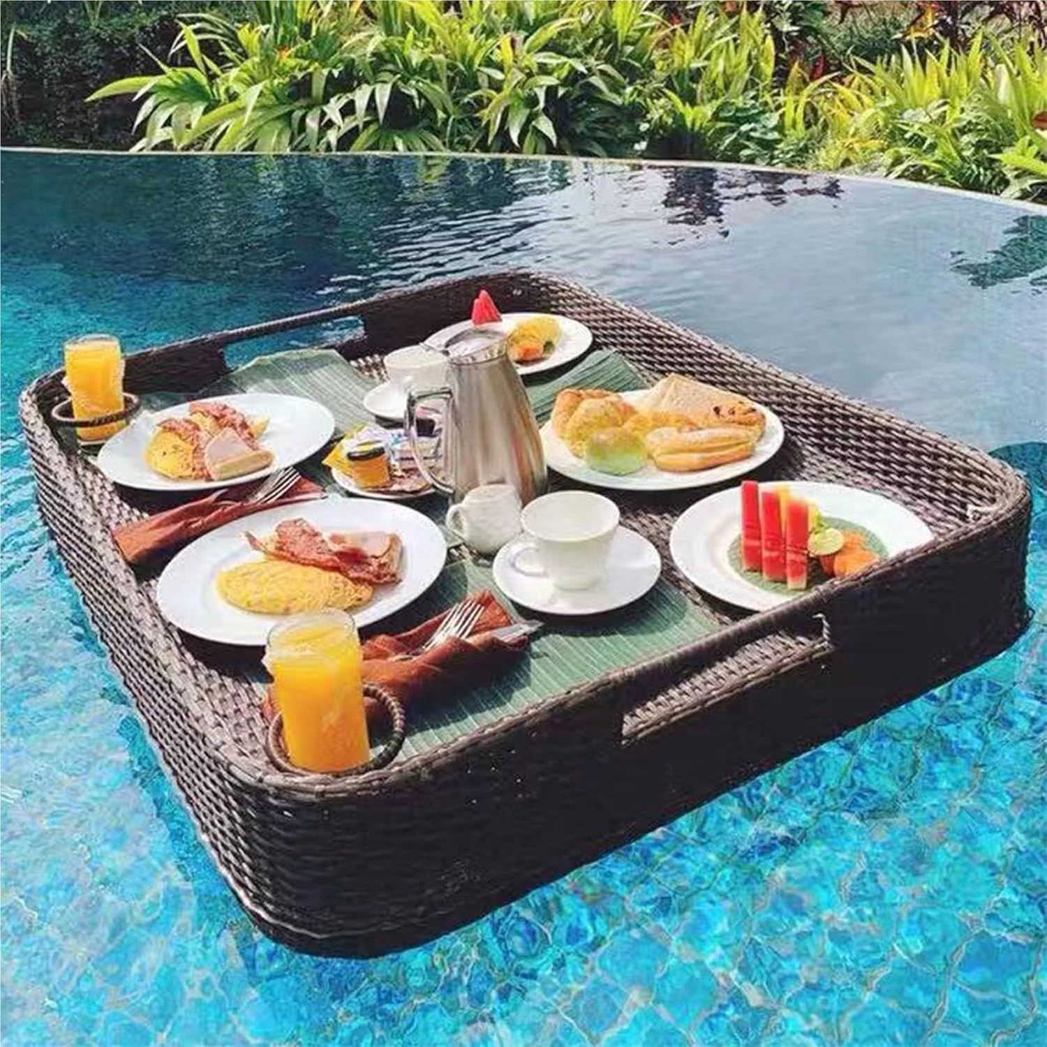 Bandeja flotante de ratán para servir alimentos, fiestas en la piscina, spas y eventos, bandeja de servir tejida a mano para mesas y bares, perfecta para reuniones de verano