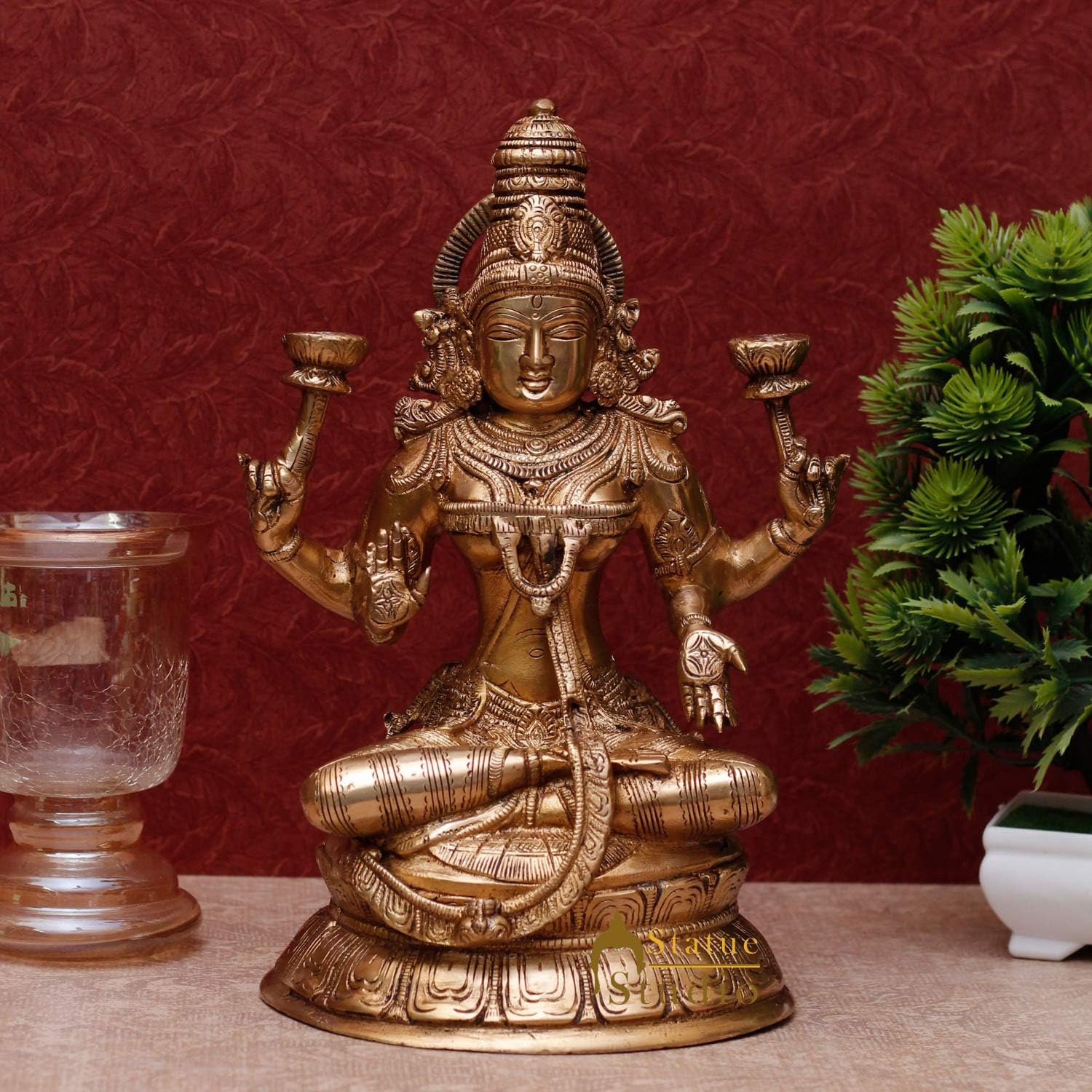 Statuestudio Laxmi Murti for Home Puja Lakshmi Brass Idol Showpiece Gift, Glossy (8 × 4 × 10 Inches)
