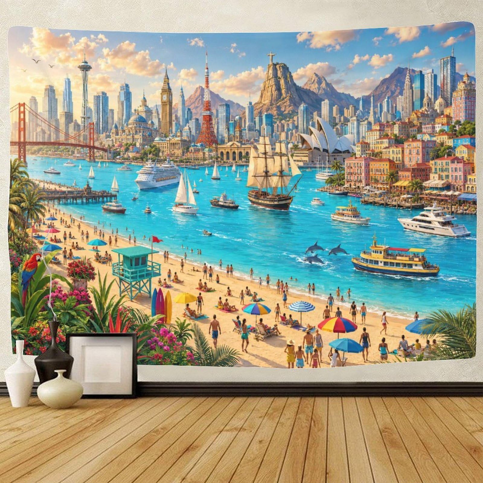 ASDFGHJKLZA World Famous Landmarks Collage Wall Hanging Decor Wall Tapestry 3D Print Tapestries Poster Curtain Living Room Dorm 130cmx150cm