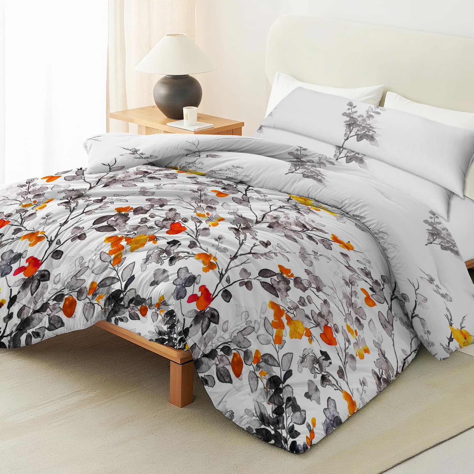 Artecreativa Funda Nórdica Cama 180, 4 Piezas - Funda Nórdica Estampado 240X260cm + Bajera Ajustable 180X200+25cm + Funda Almohada 2UNIDADES 45X105cm, Color Blanco con Estampado Ramas Colores