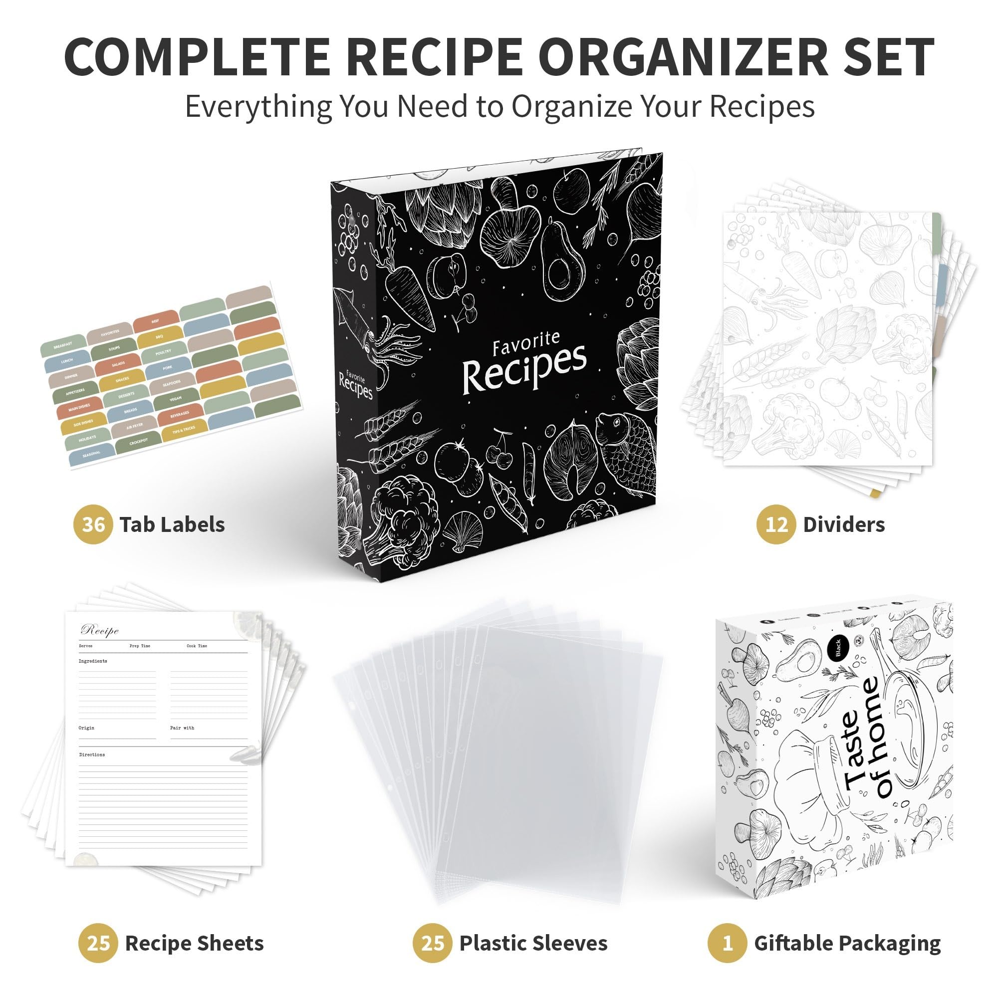CraftSaints Raccoglitore per ricette 8,5 x 11, kit per raccoglitori fai da te a 3 anelli, 12 divisori e 25 buste in plastica, 25 pagine per ricette e 36 etichette, kit raccoglitore per ricette, libro