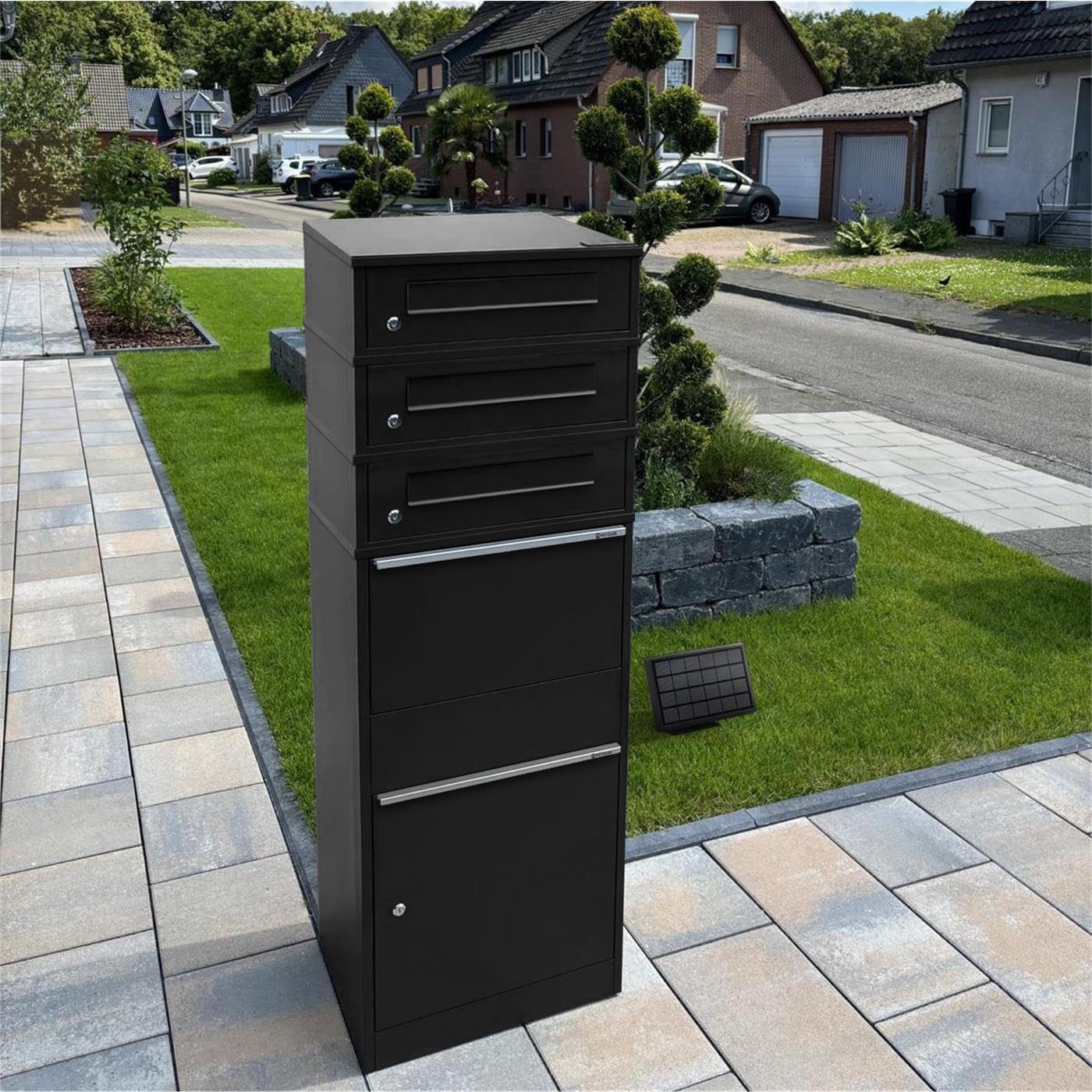 Parcel Box with LED Solar Lighting and Three Letterboxes, Lockable and Weatherproof in Black without Engraving, Freestanding Made of Powder-Coated Steel, for Contactless Delivery Outside