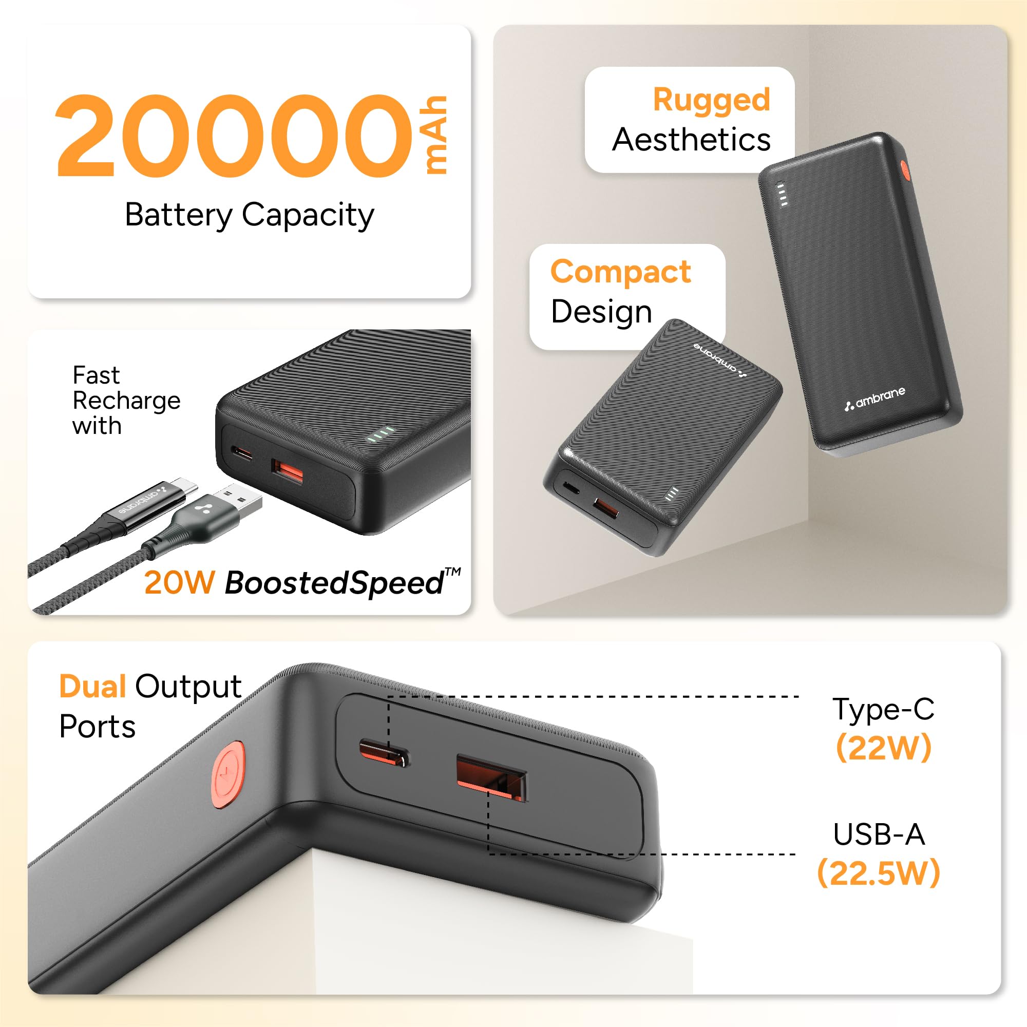 Ambrane 20000mAh Power Bank with 22.5W Fast Charging | 3 Output Ports | Type-C & USB Input | Compact Portable Charger for iPhone, Android Mobile Phone, Tablets, Earbuds, Speakers,smartwatch — Amazon image 2