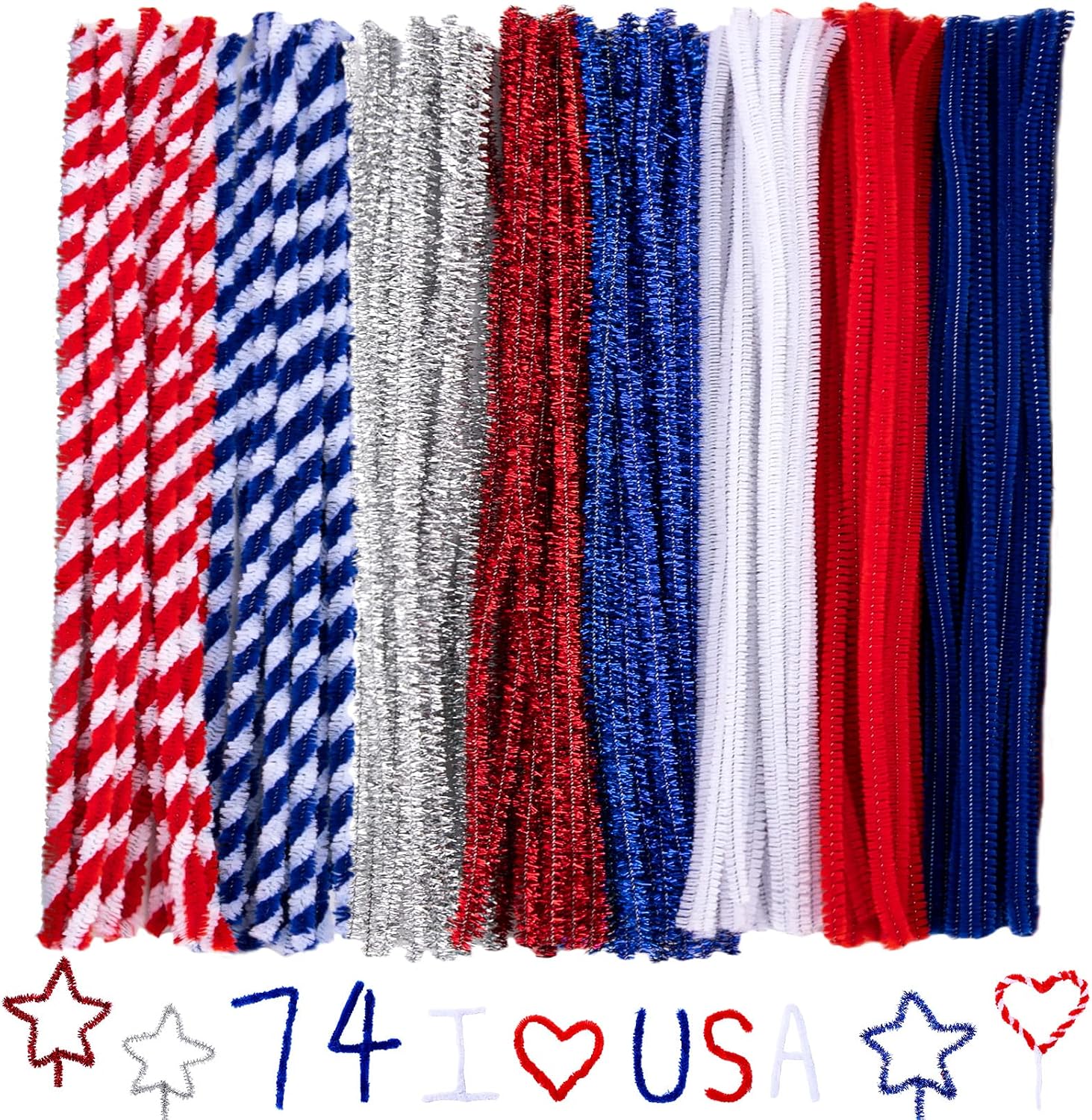 Whaline 500Pcs Independence Day Pipe Cleaners Red White Blue Silver Colorful Pipe Cleaners Craft Supplies Glitter Chenille Stems for 4th of July Patriotic Party DIY Art Craft Decorations