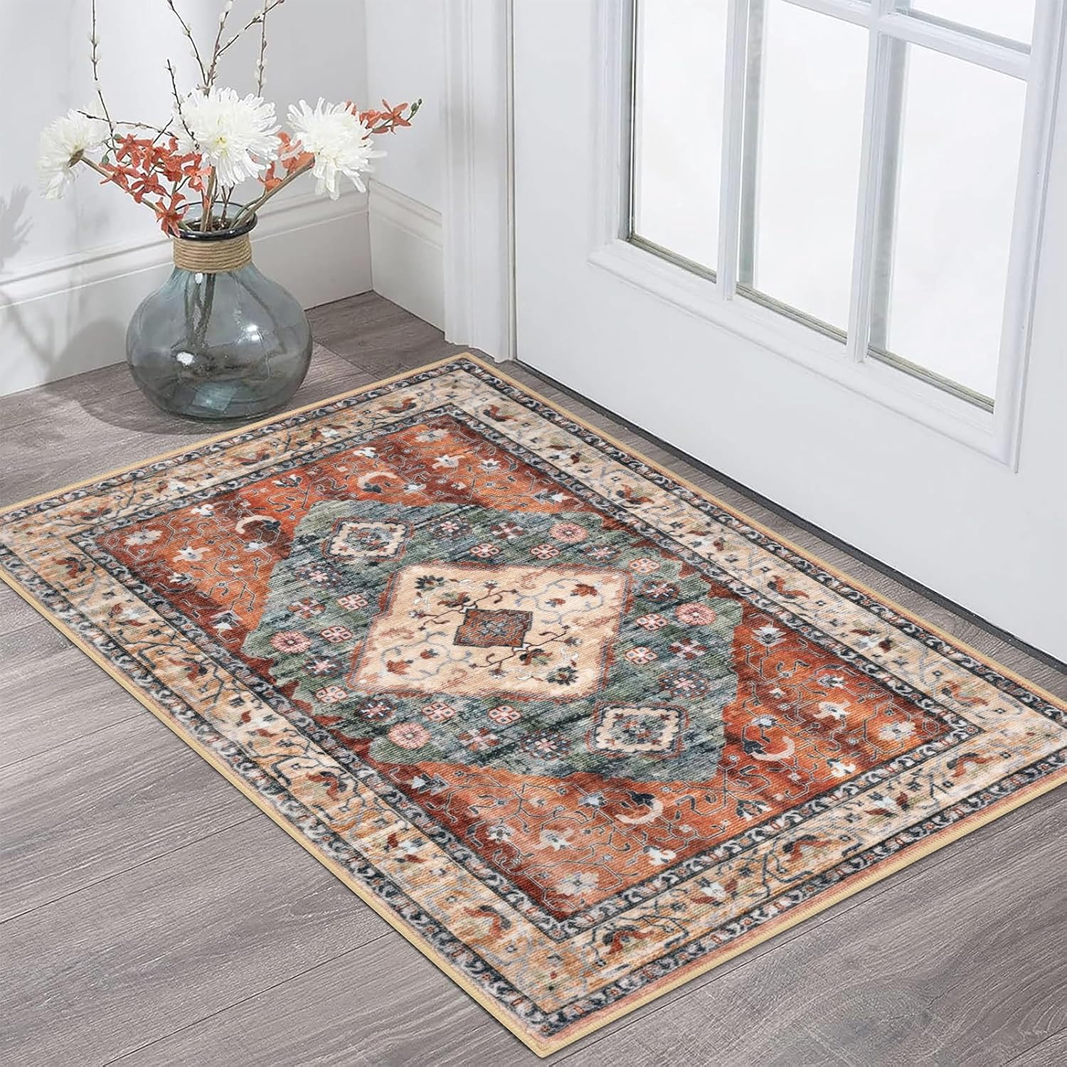KOZYFLY Small Area Rug 2x3 Ft Rugs for Entryway Washable Boho Entry Rug Non Slip Door Mat Indoor Entrance Rust/Orange/Blue Printed Faux Wool Vintage Printed Kitchen Rug Throw Rugs for Entrance Kitchen