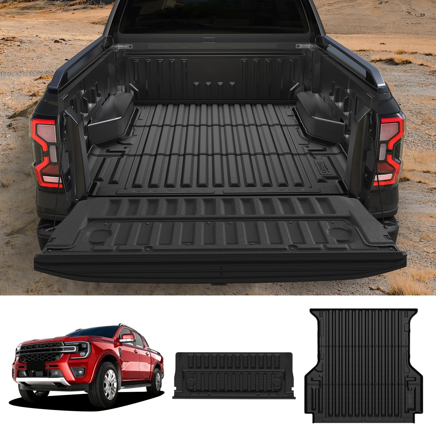 LASFIT Truck Bed Mat + Tailgate Cover for Ford Ranger 2024–2026 (5FT Bed) Fits Bare Bed & Spray-in Liner, TPE Bed Liner, Non-Slip, Waterproof, Full Coverage Bed & Tailgate Protector, Easy Install