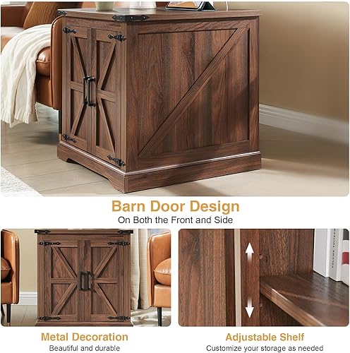 Miniatura 6 de Mesa auxiliar de granja con estación de carga, mesa auxiliar grande de sofá de 24 pulgadas con puerta de granero, mesita de noche cuadrada de madera