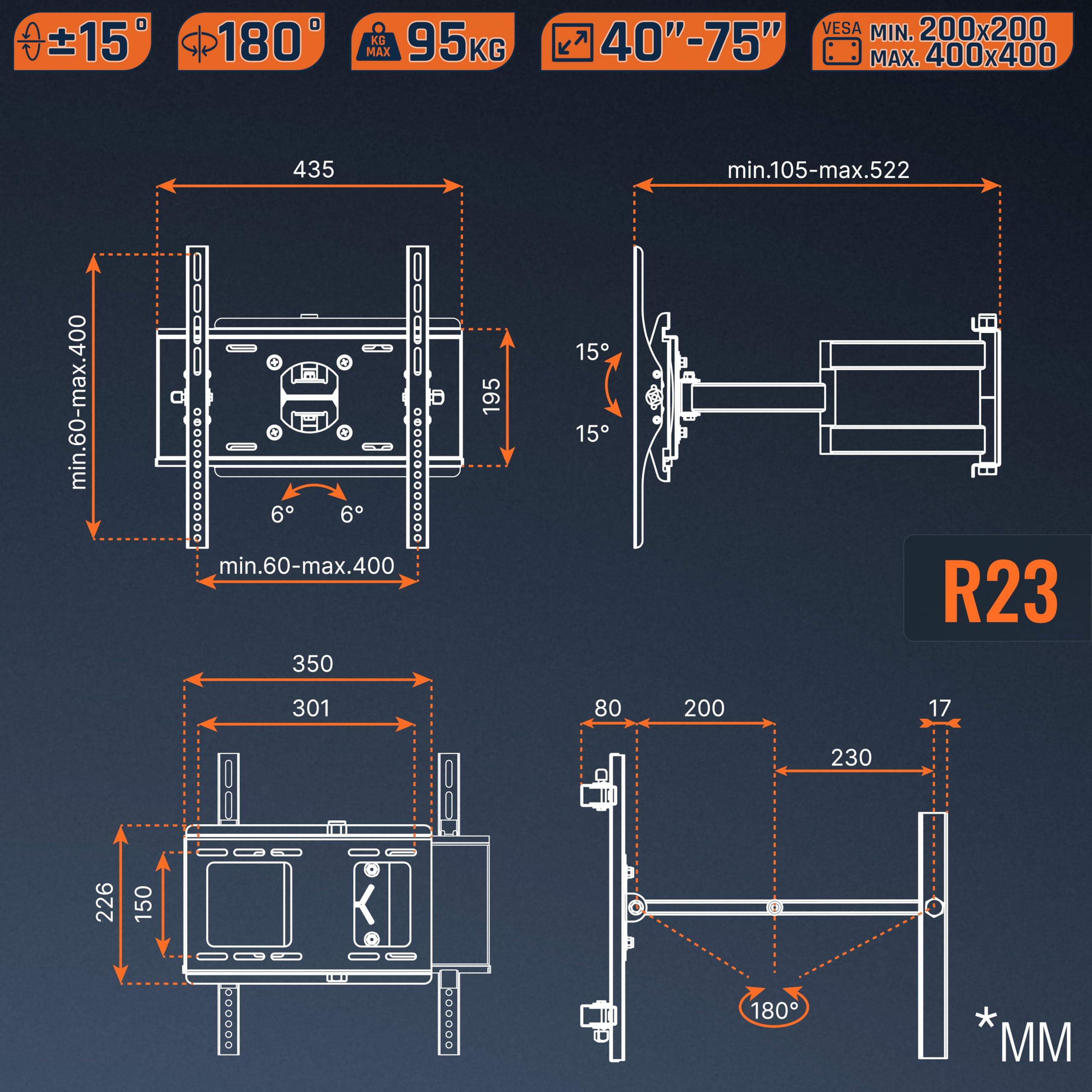 RICOO R23-S TV Wandhalterung Schwenkbar für 40-75 Zoll Fernseher bis 95 kg VESA 400 x 400