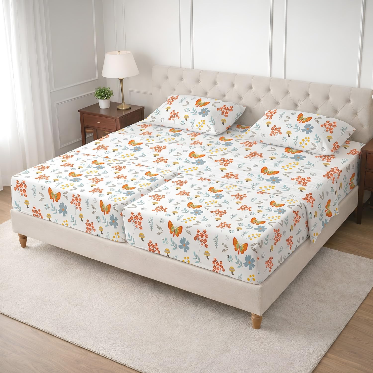 SGI Split King Sheet Set for Adjustable Bed Egyptian Premium Cotton 600 Thread Count Sheets for Sleep Number Bed 15" Deep Pocket 5 Pc Set with 2 Twin XL Fitted Sheets Soft Breathable -Butterfly Garden