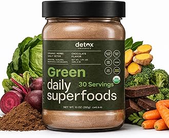 Greens Superfood Powder - Chocolate Flavor to Cleanse & Detox - Smoothie Mix Supplement with Organic Digestive Enzymes, Immune Support, Bloating Relief, Vegan, Low-Carb 30 Servings - by Detox Organics