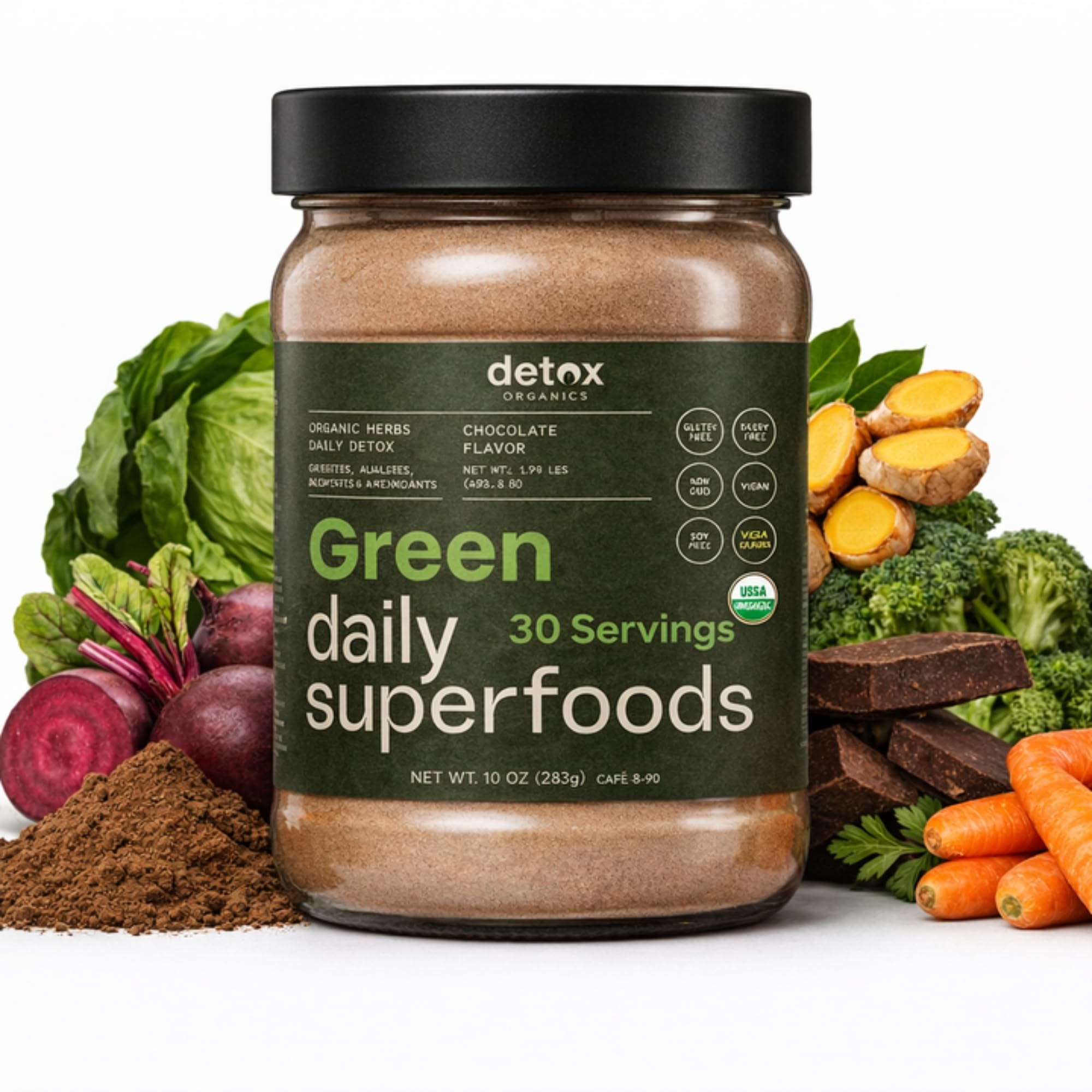 - Greens Superfood Powder - Chocolate Flavor to Cleanse & Detox - Smoothie Mix Supplement with Organic Digestive Enzymes, Immune Support, Bloating Relief, Vegan, Low-Carb 30 Servings - by Detox Organics