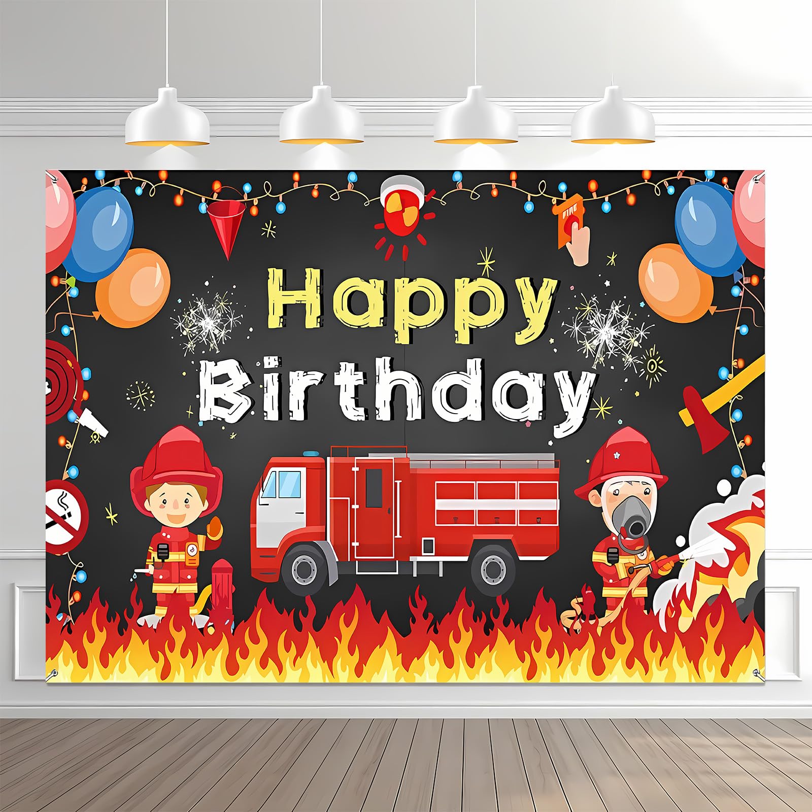 Firetruck Birthday Party Supplies Decorations Theme Backdrop Background Banner for Boys Girls Birthday Party Fireman Red Firetruck Kids Party Photo