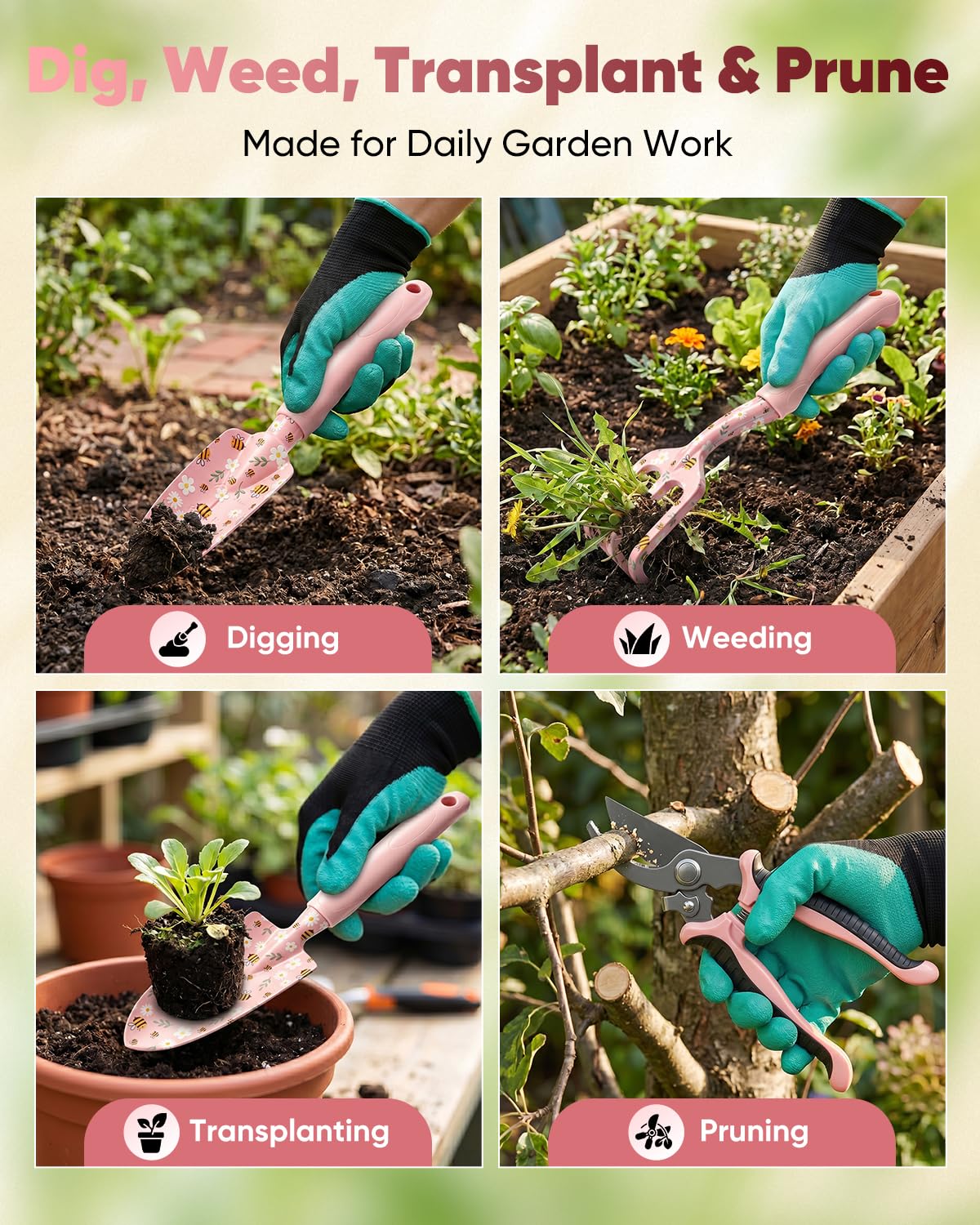 Gartengeräte Set Gartenwerkzeuge - Aluminium Handwerkzeug Kit mit rutschfesten Griffen, Gartenhandschuhe und Aufbewahrungstasche zum Pflanzen, Graben, Bodenpflege, Blumenbeete, Terrasse und Hausgarten