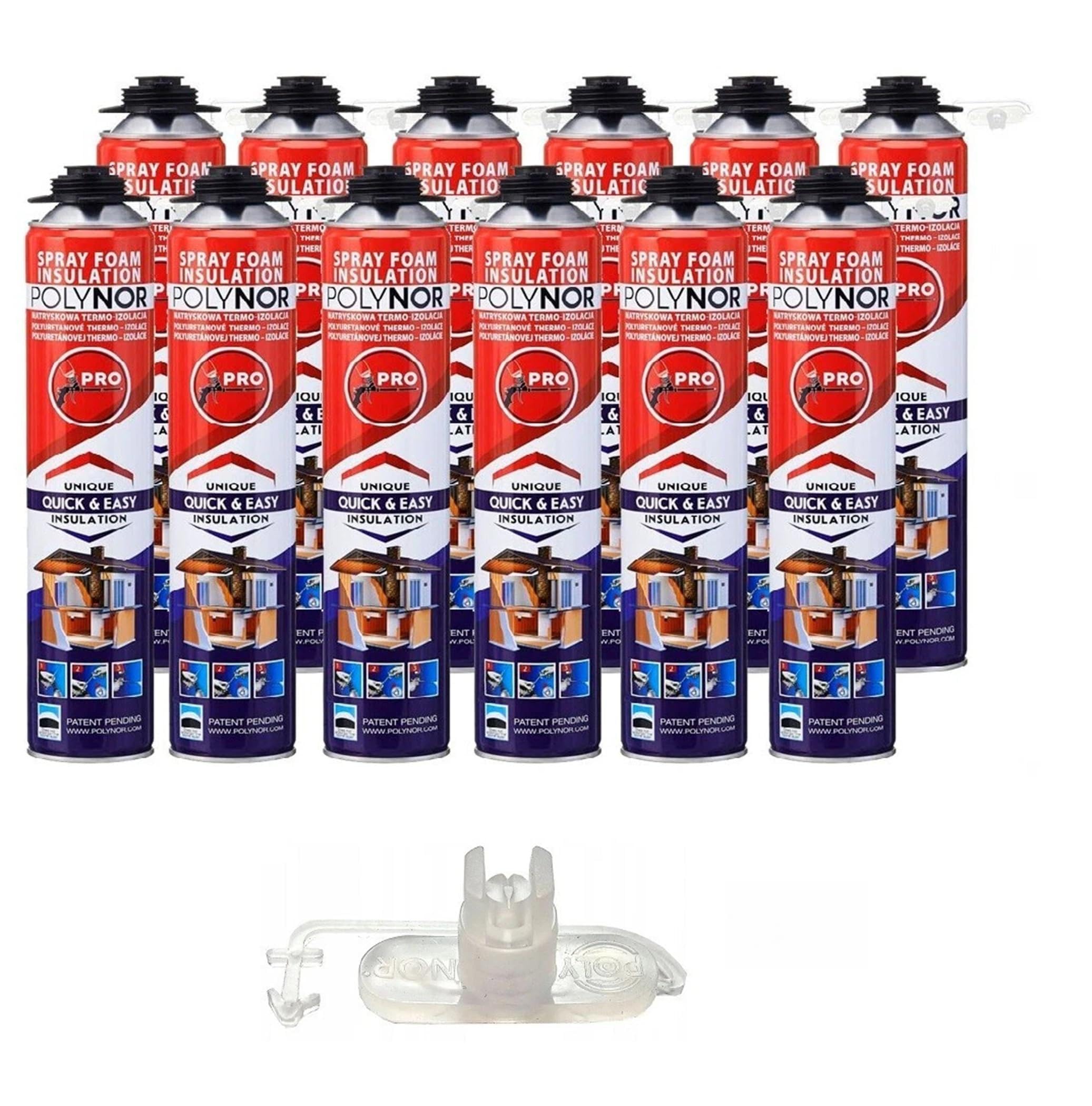 POLYNOR Isolamento termico PUR in bomboletta PRO - Set con ugelli - 12 schiume - Isolamento termico a spruzzo - Isolamento di pareti, tetti, soffitti, tubi - Aerosol 750 ml