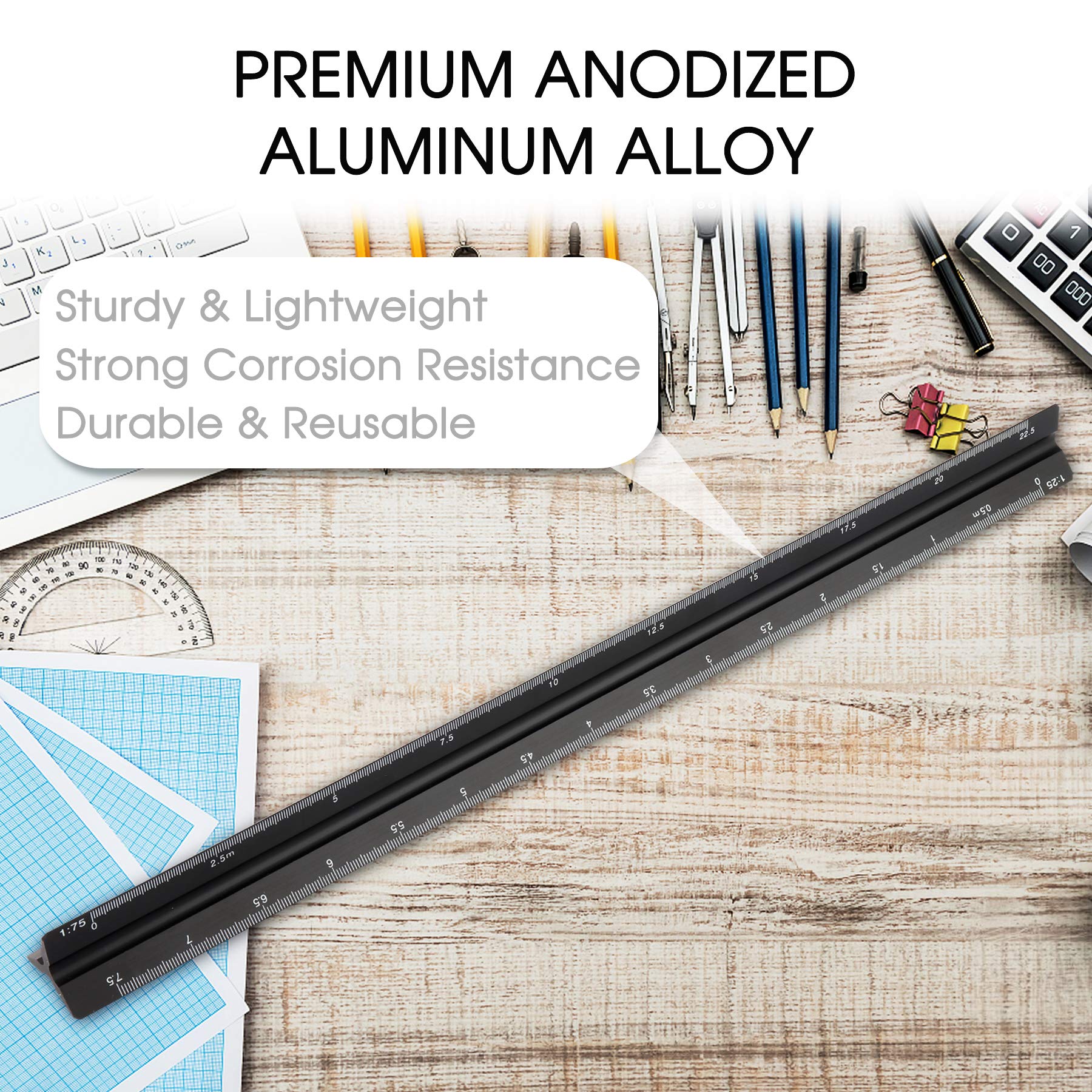 HIHUHEN Metal Scale Ruler for Architects & Engineers, Matrix 30cm Black ...